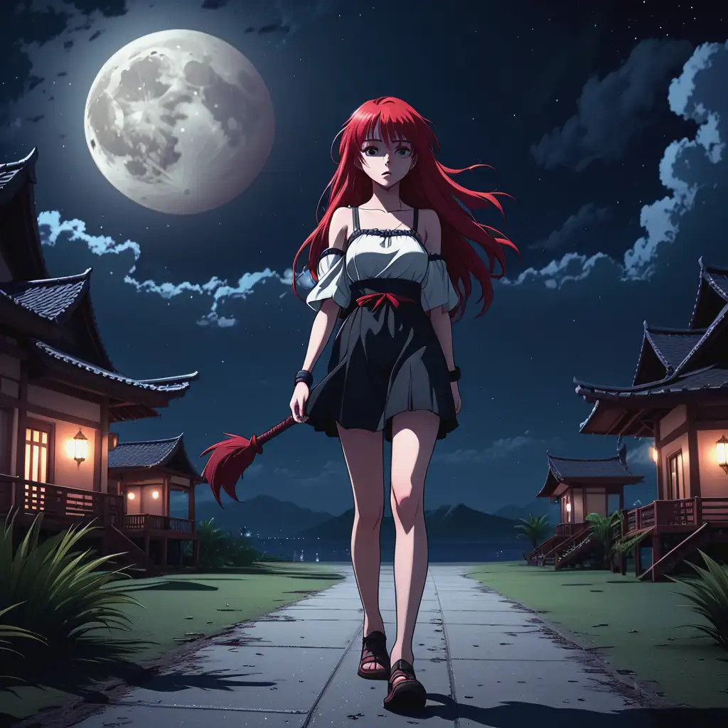 Sad girl walking with red hair in moon night, best resort best quality , anime berserker 
