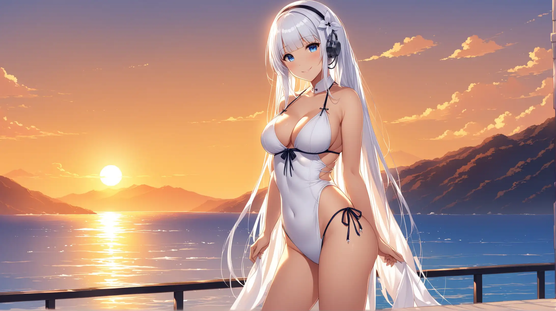 Draw the character Illustrious from Azur Lane, blue eyes, high quality, ambient lighting, long shot, outdoors, seductive pose, swimsuit, smiling at the viewer