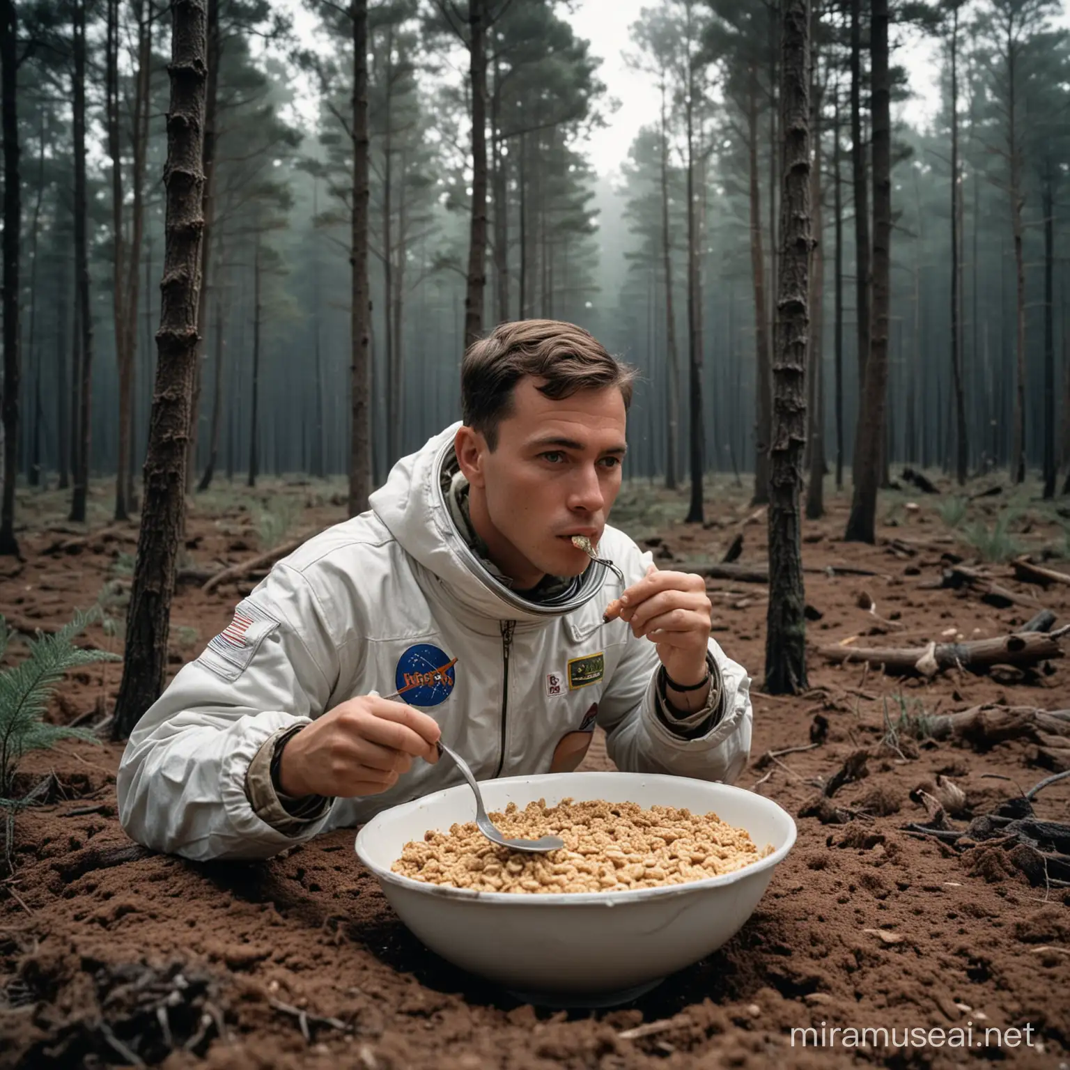  eating cereals in a forest on the moon