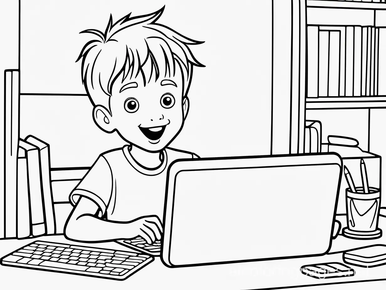 kid 
Having fun on their computer 






, Coloring Page, black and white, line art, white background, Simplicity, Ample White Space. The background of the coloring page is plain white to make it easy for young children to color within the lines. The outlines of all the subjects are easy to distinguish, making it simple for kids to color without too much difficulty