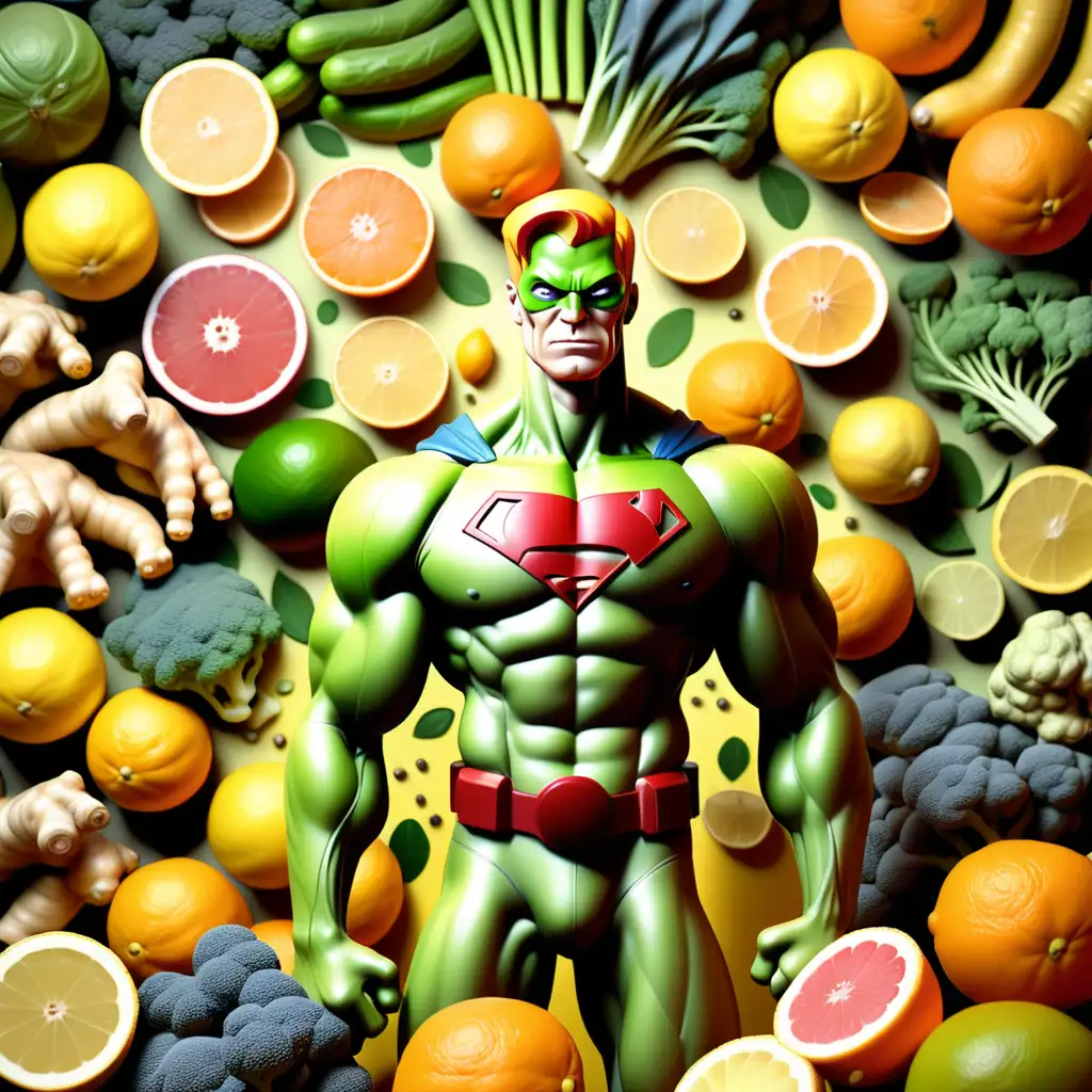 Detox superhero standing in the center, background looks comic book, surrounded by citrus fruits, green vegetables and ginger, turmeric 