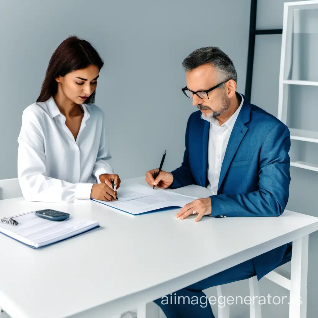 woman dressed in white doing a marketing study on a white table together with a consultant dressed in blue