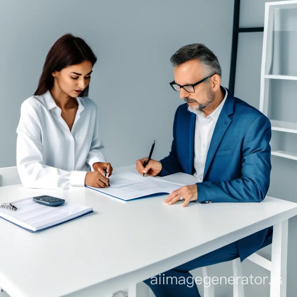 donna vestita di bianco che fa uno studio di marketing su un tavolo bianco insieme ad un consulente vestito di blue


