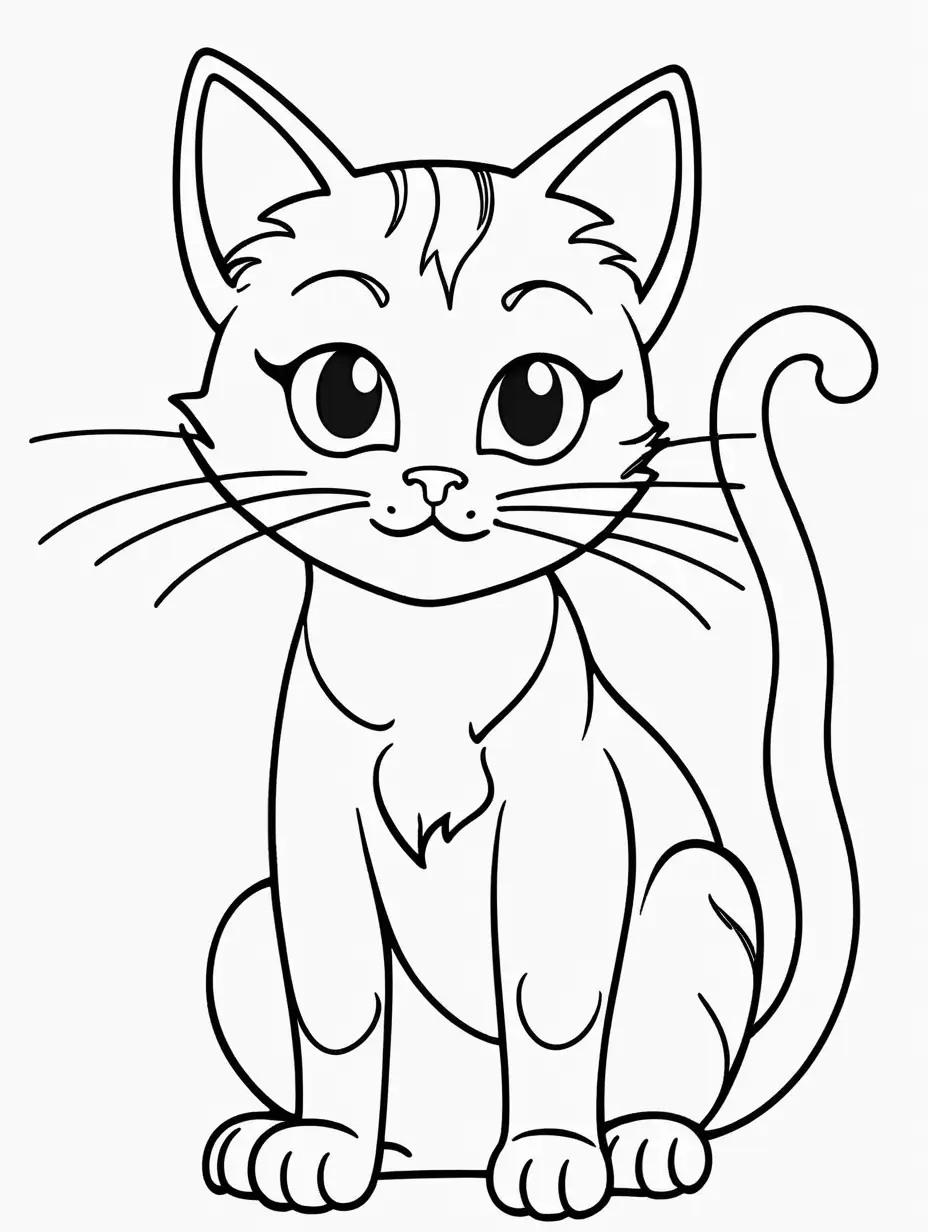 Very easy coloring page for 3 years old toddler. Cartoon cat. Without shadows. Thick black outline, without colors and big  details. White background.