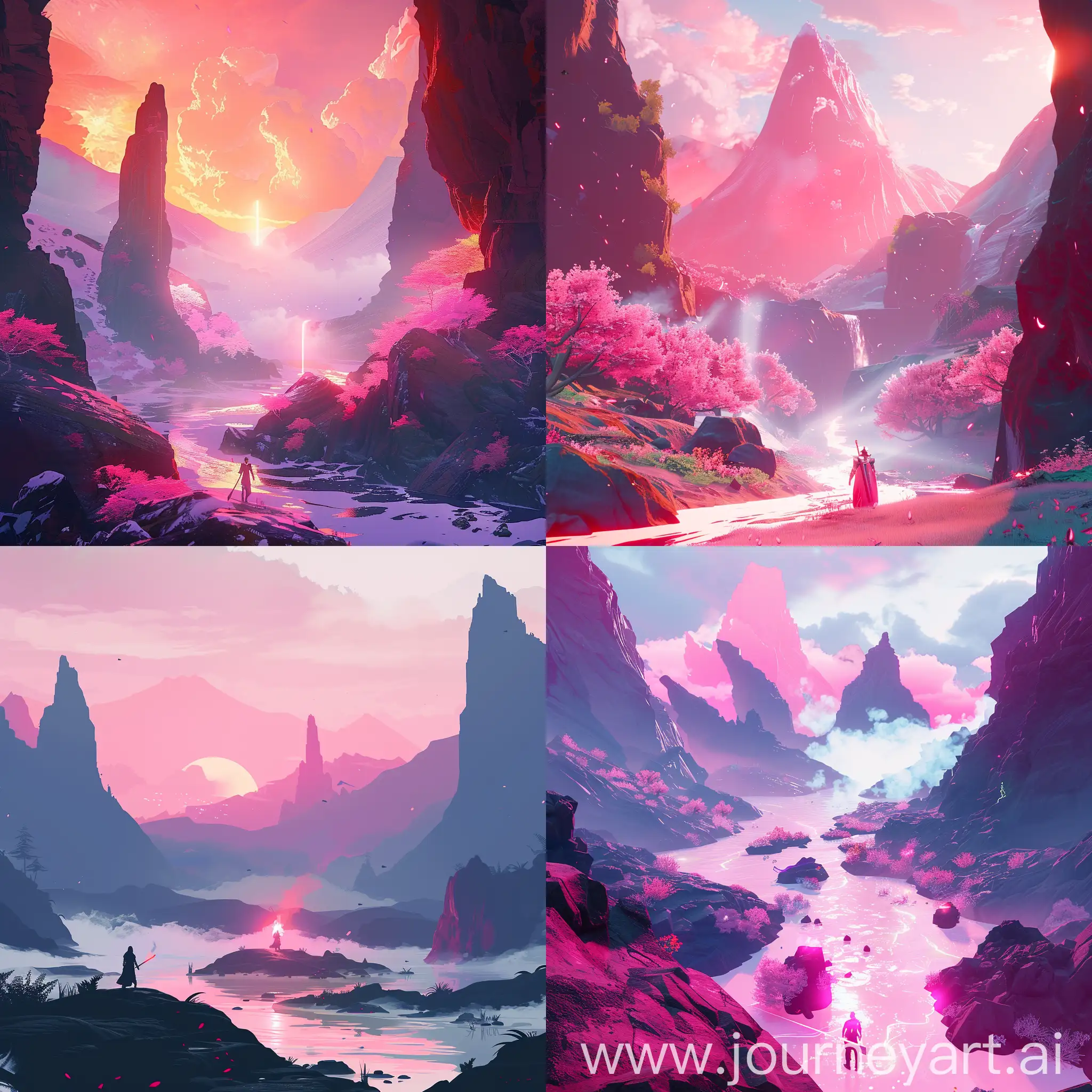 epic game visuals inspired by final fantasy. the scenario is mostly nature, with epic mountains and the pink light of the sunset. the main character is a fire mage. bright colors. magical place. civilization. 
