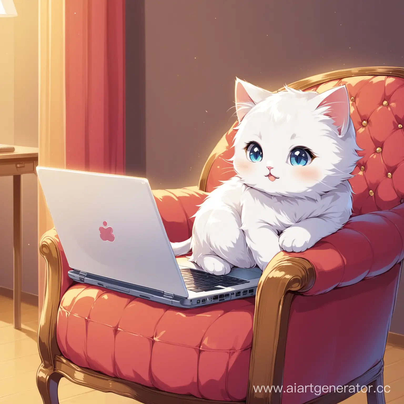 Adorable-Kitty-Relaxing-on-Armchair-with-Laptop
