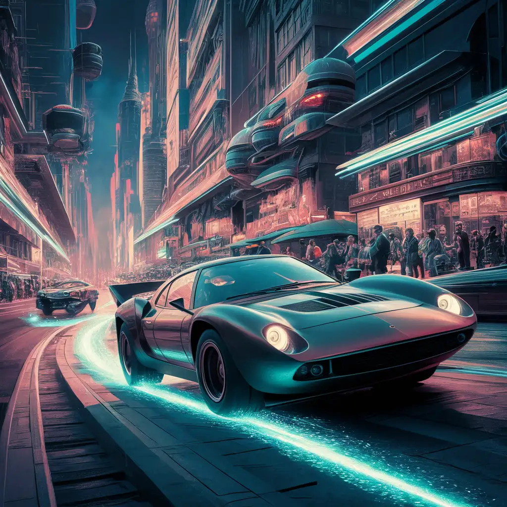 A high-speed chase scene through a futuristic metropolis, in a style reminiscent of classic anime.