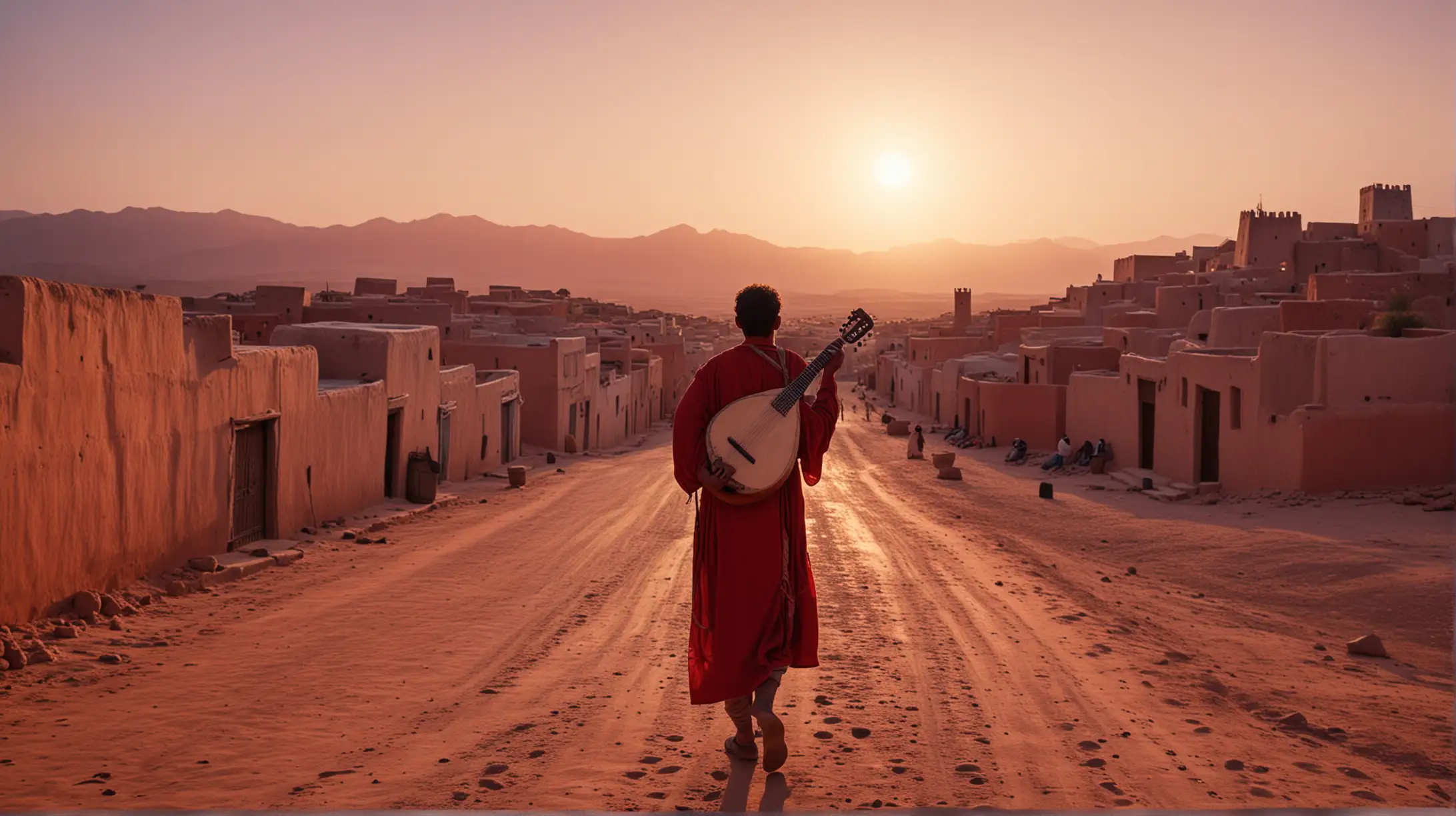 lonely Moroccan musician, his lute on his shoulders, entering  a traditional Moroccan village, deep red sunset, cinematic