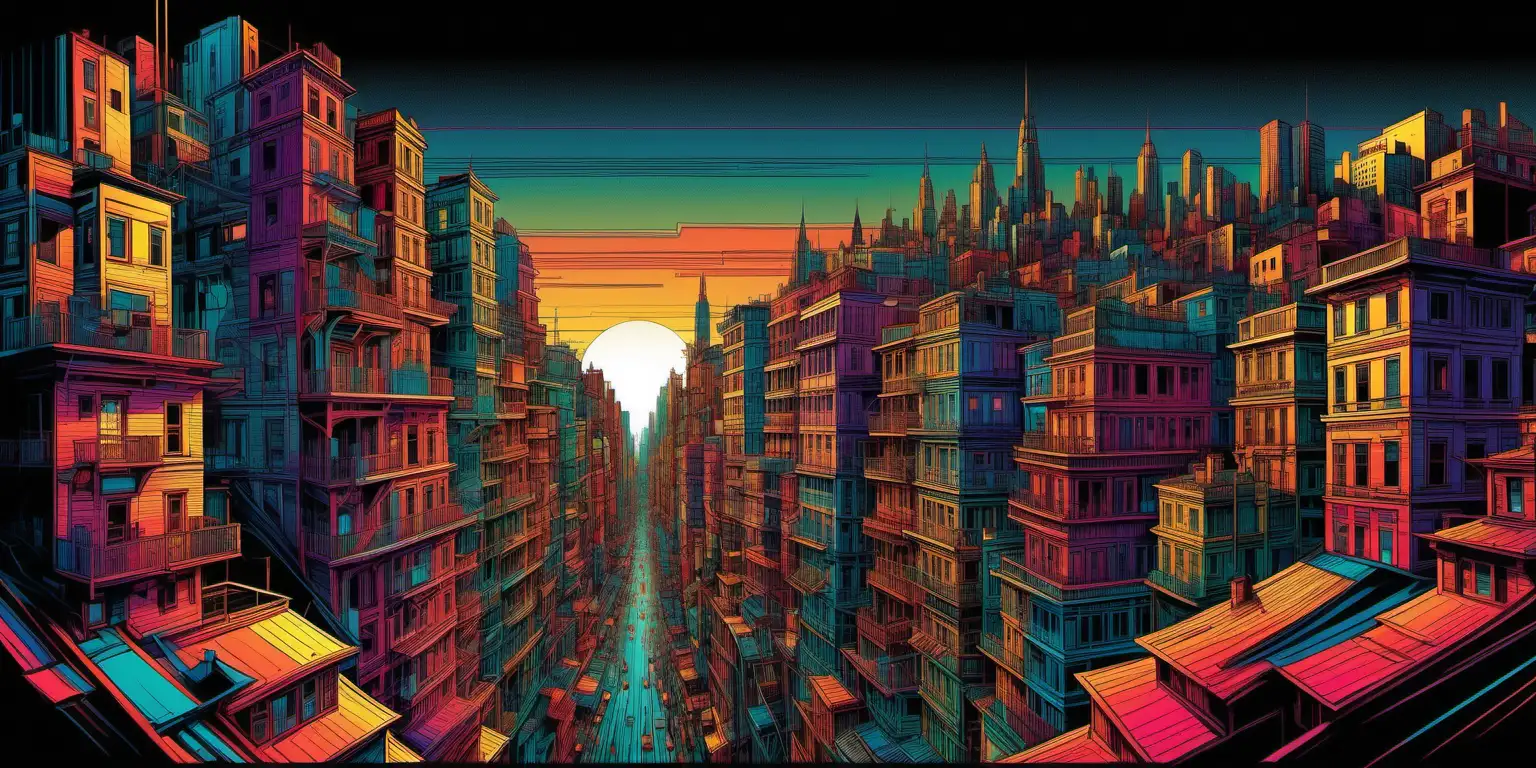 Vibrant Cityscape Silhouette with Intricate Details and Emotional Figures