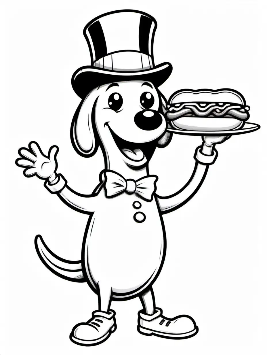 A smiling cartoon hot dog character, in a hot dog bun, wearing a top hat and bow tie, holding a plate of hot dogs, against a white background. Children's coloring book page illustration, black and white,  black line drawing 