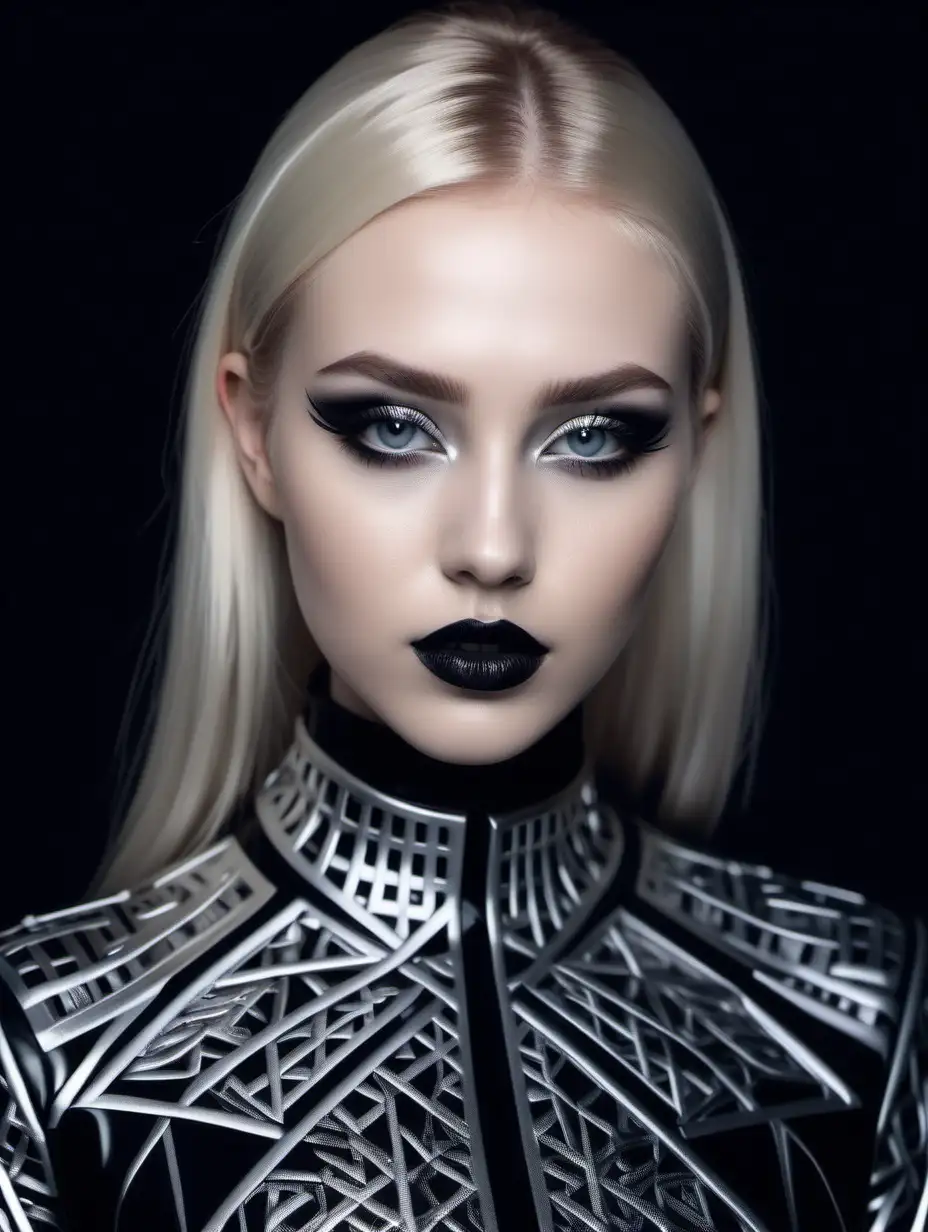 Portrait of a gorgeous woman, 20 years old, straight blonde hair.
Wearing elegant black futuristic clothes, with intricate silver pattern woven into it.
Limited black eyeshadow. Black lipstick.
Silver eyes.