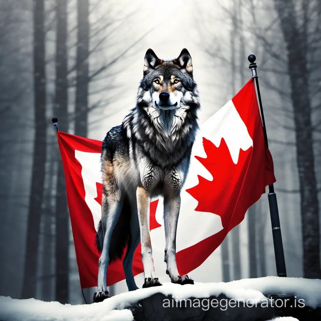 A proud wolf with a Canadian flag behind him