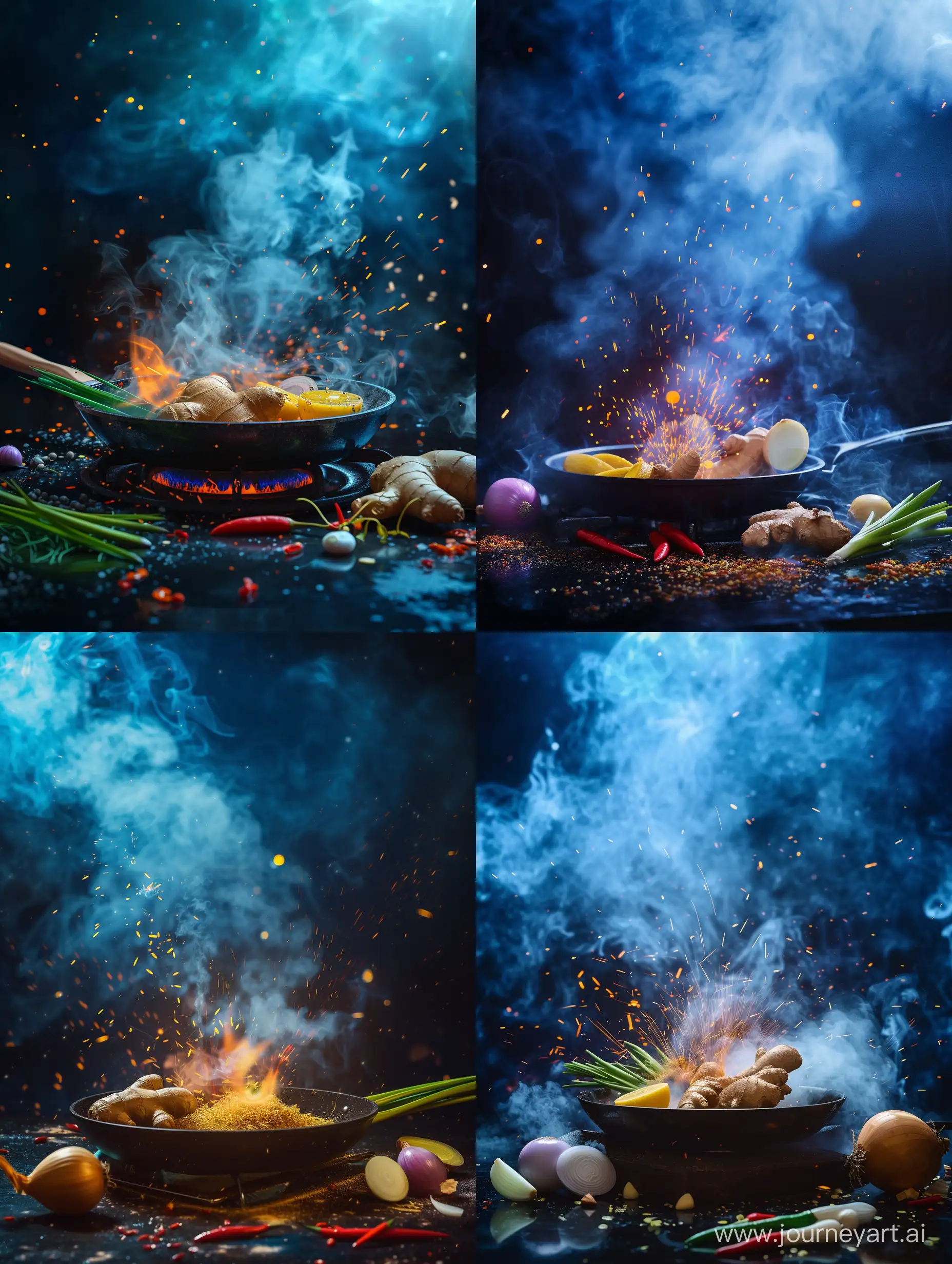 ultra realistic, stove and pan fire. smoke and small sparks. dark atmosphere with blue light behind. there is ginger, lemongrass, onion and chili. canon eos-id x mark iii dslr --v 6.0