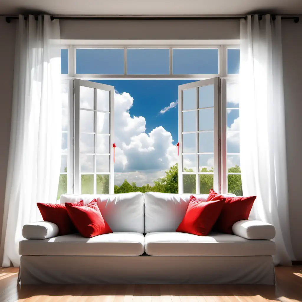 The windows in the house are open and a breeze is blowing through. It is sunny outside with white clouds in the sky.  In front of the window is a white couch with red pillows.  no key words