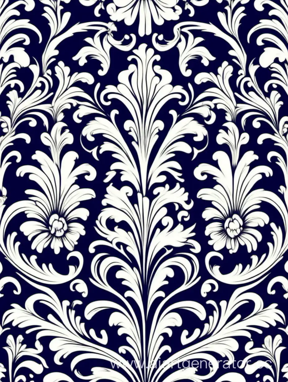 a pattern of floral, Baroque  movement, repeating pattern, white and dark blue vector illustration