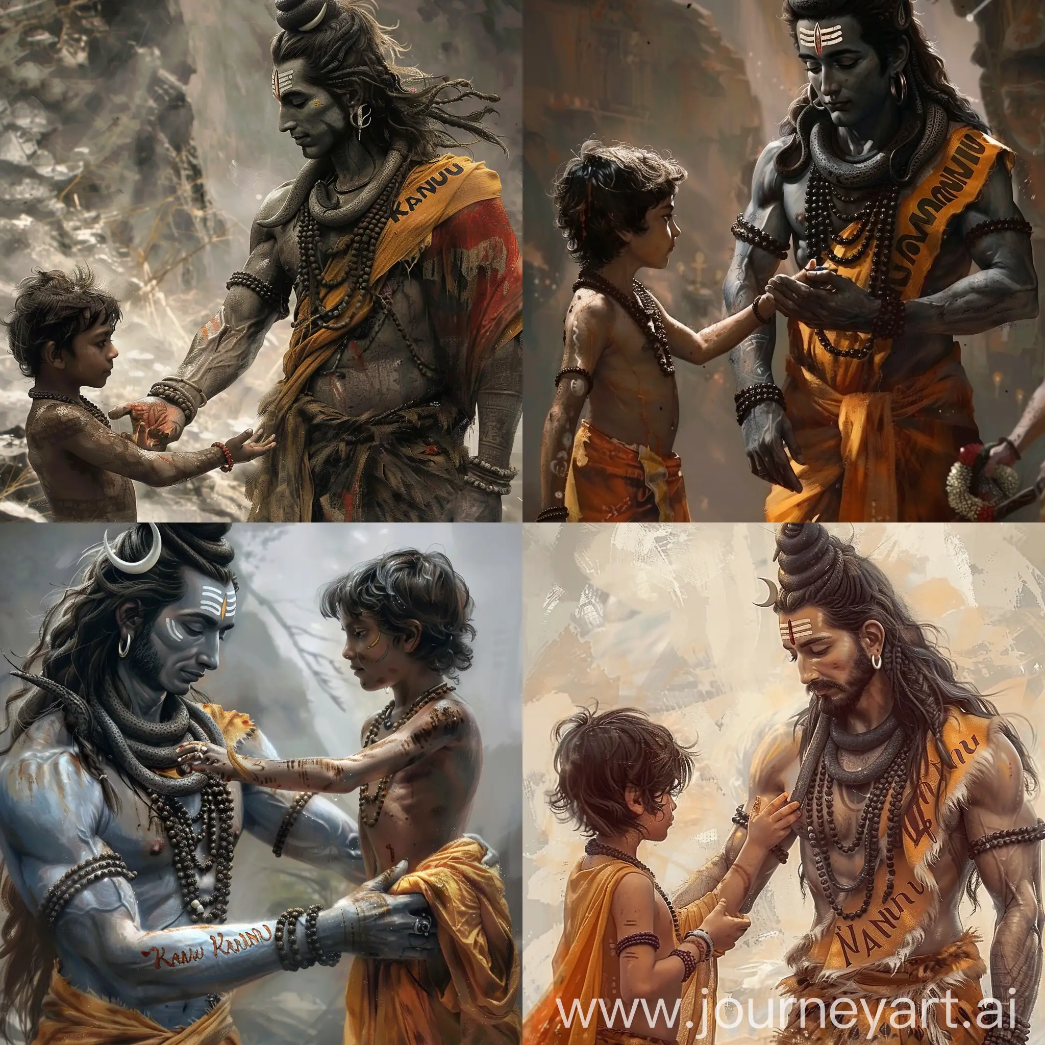 Lord Shiva held the hand of a boy who was wearing saffron colored cloth with Kannu written on it.