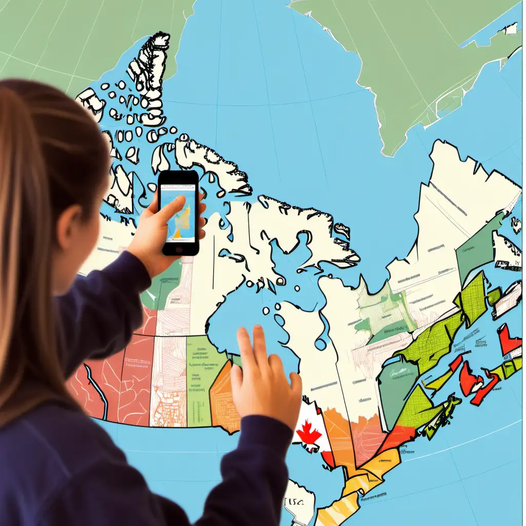 Information graphics, maps of Canada, students using technology, or engaging in volunteer work.