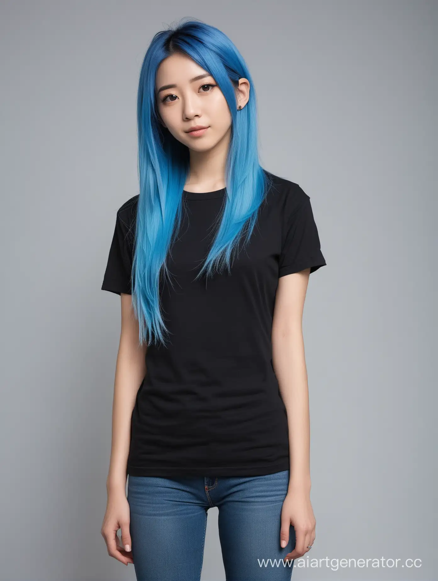 девушка японка, в черной прямой футболке, во весь рост, синие волосы, светлый фон