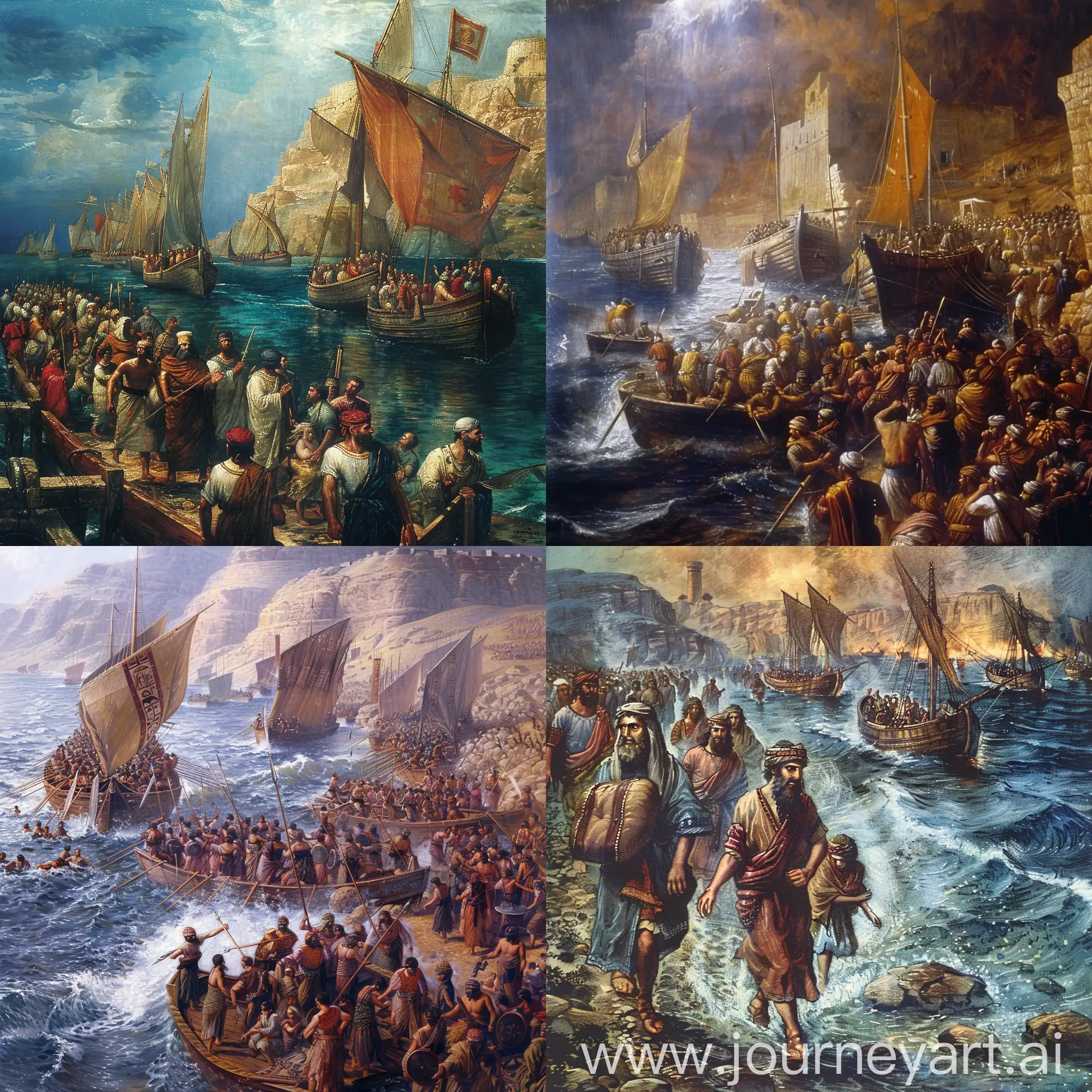 The Exodus, the Israelites, men, women, and children, leaving egypt by way of ships