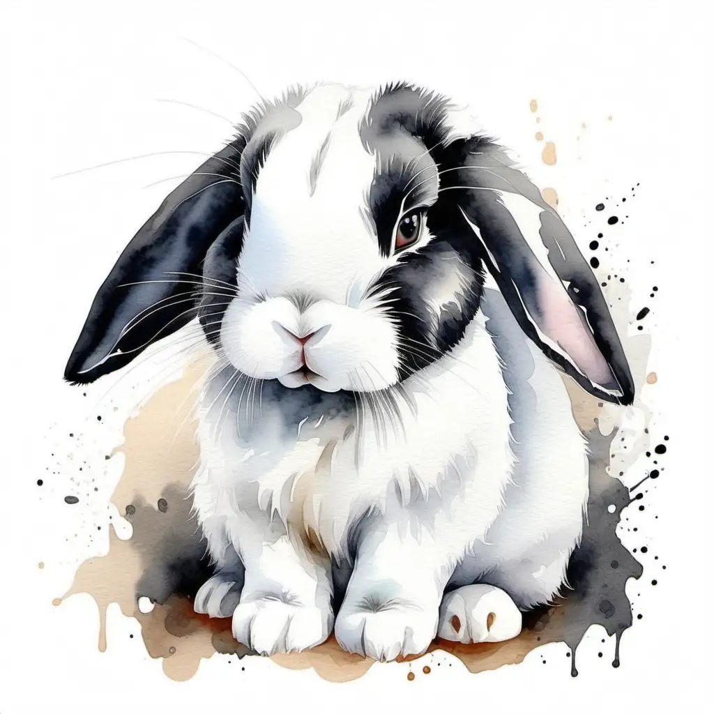 Adorable Lop Ear White and Black Rabbit in Charming Watercolor Illustration