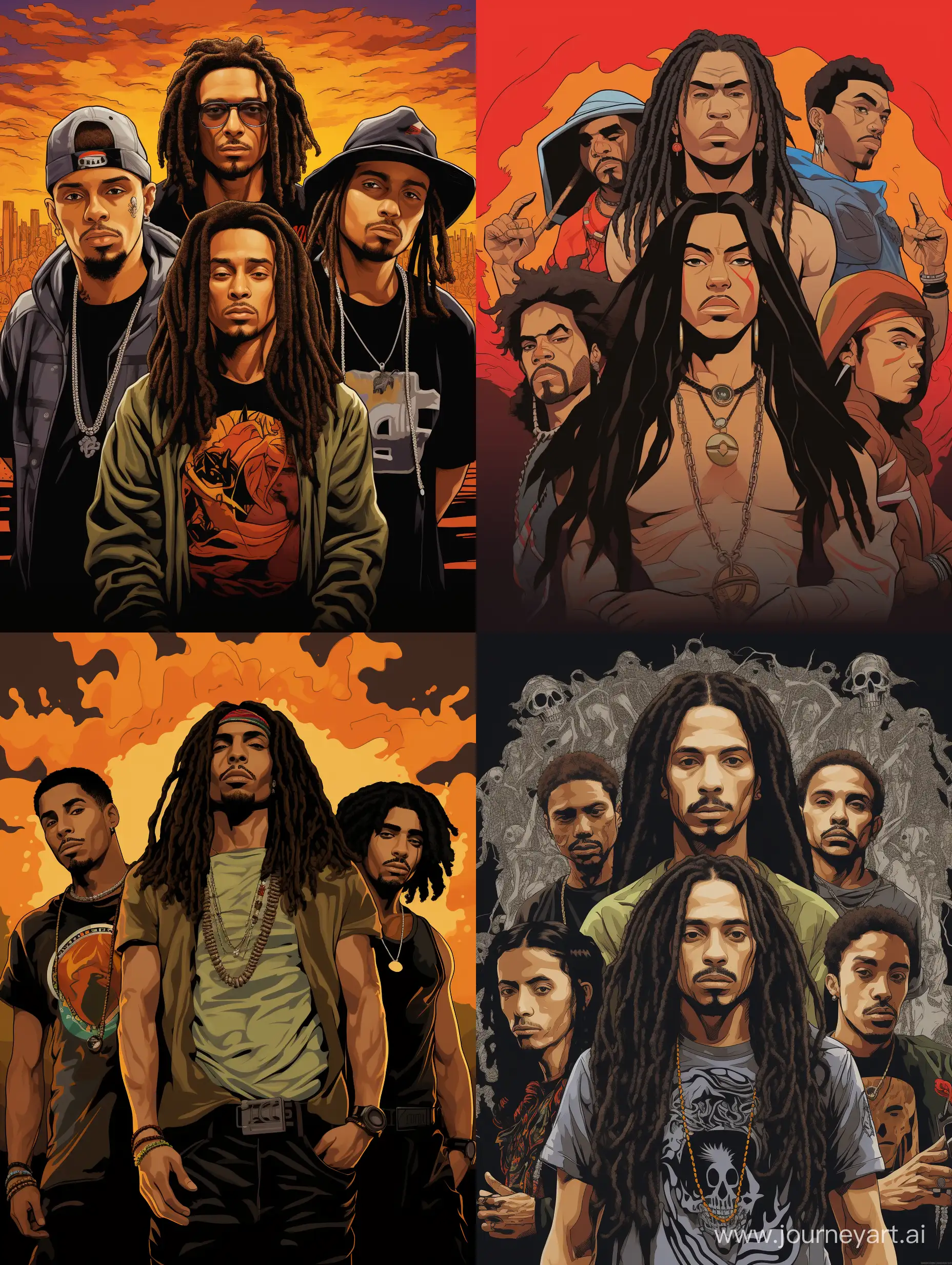 hip hop poster of the group FILHOS DO KAOS. Two latinos. with long and twisted hairs. There are two brothers in the rap group. The older brother havfe 28 years old and the youngest have 21. The older is a black-indigenous men and the youngst is more ligth in the skin. they are somenthing like the RUN THE MC or N.W.A groups of rap. the brothers can not be straigth black mens.  Write on the frame with grafite letters the phrase "Filhos do Kaos".
