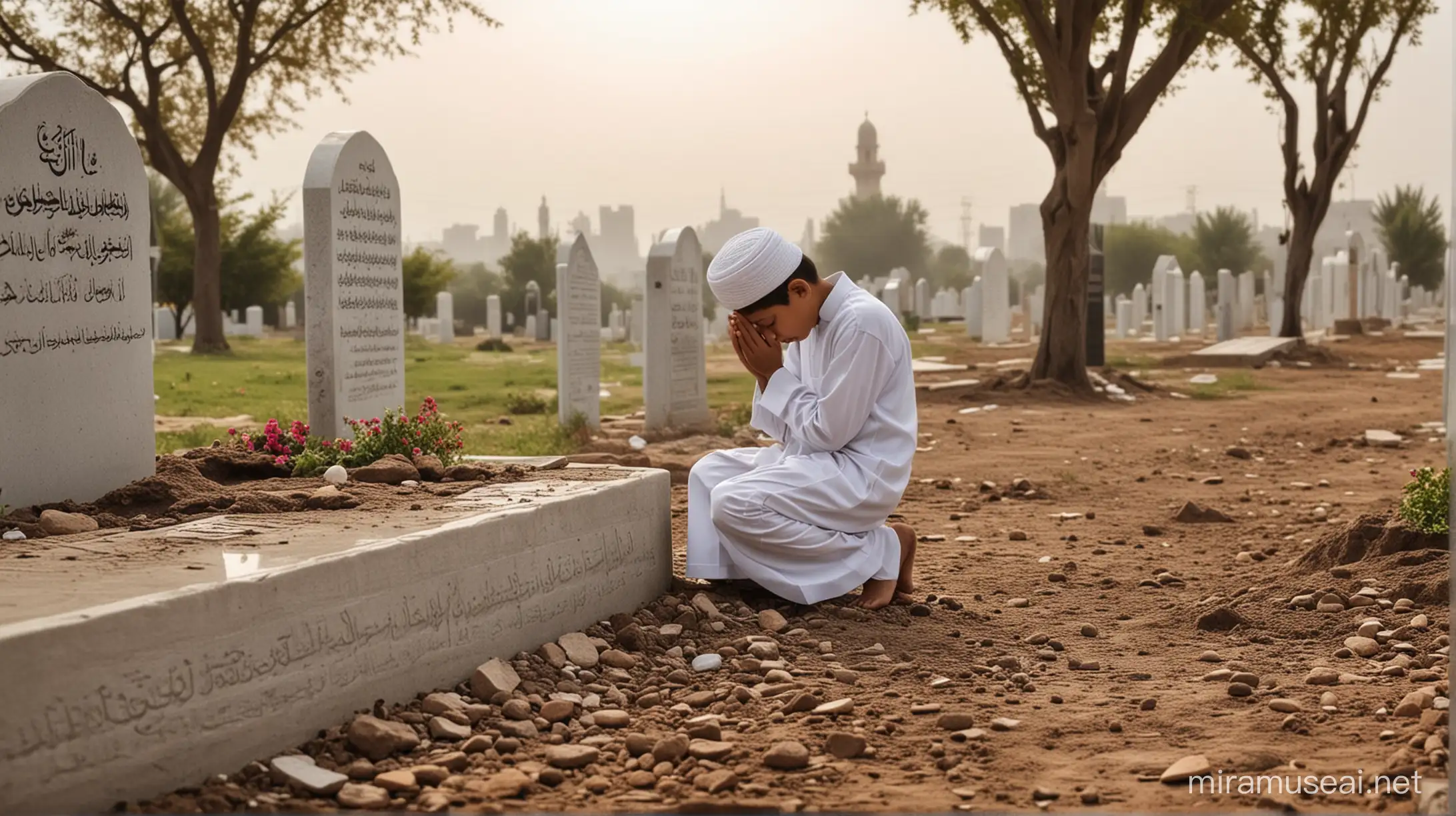 Muslim Boy Praying at Parents Grave with Raised Hands