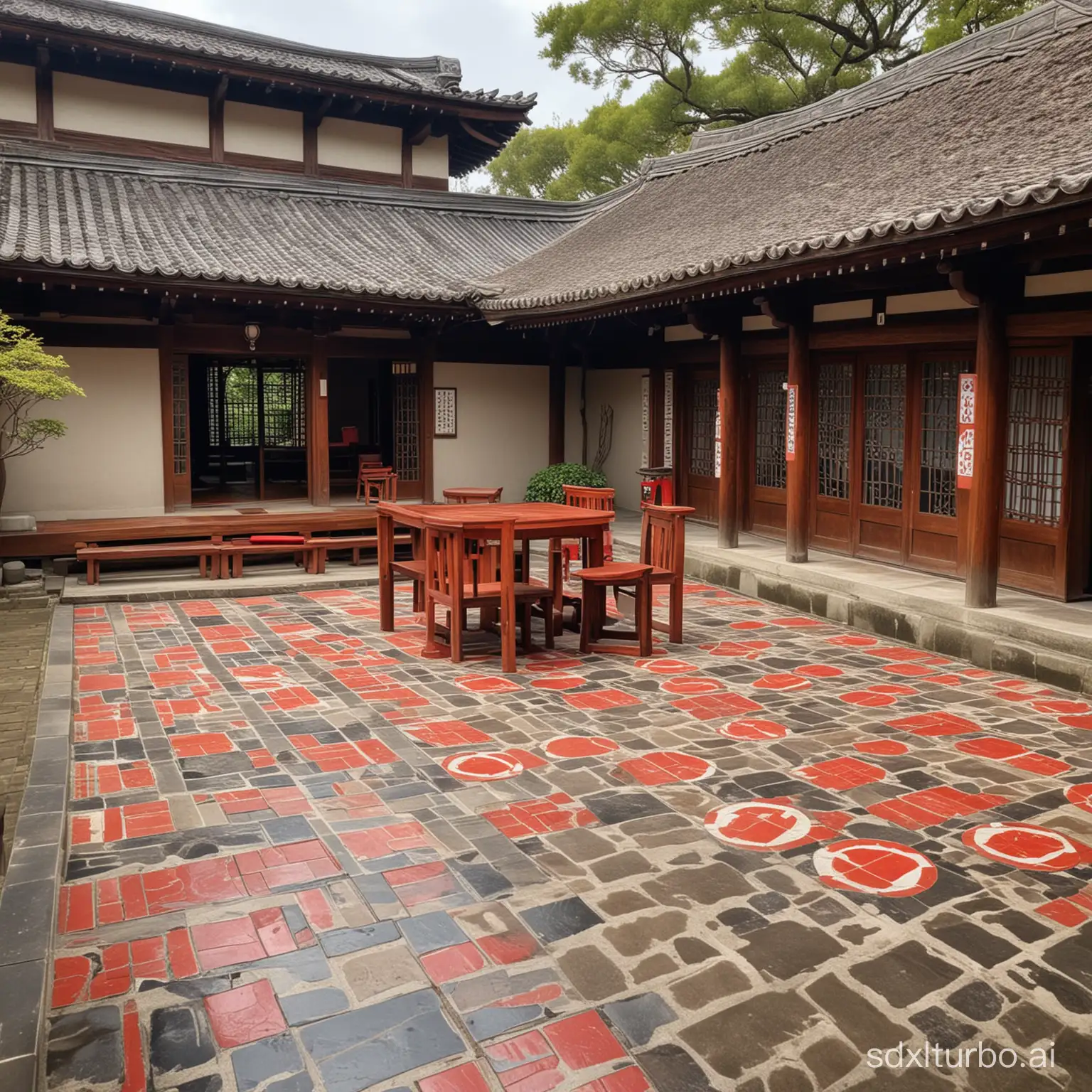 An ancient Japanese temple, with retro tiles, with bars, lively, there are five big red round tables, outdoor wooden floor


