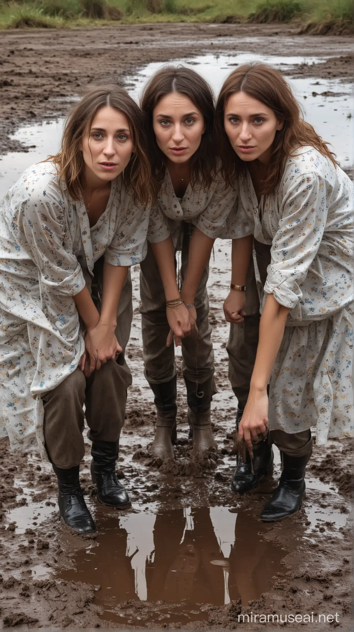 a realistic portrait of three women, big nose,  one is crouching, looking like they have a cold, wearing silk patterend contemporary tops, looking at a puddle in the mud, the puddle is reflecting their faces, busy with the pendulum effect