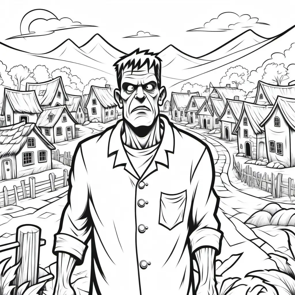 Spooky Frankenstein Monster Haunting Village Black and White Coloring Book Illustration