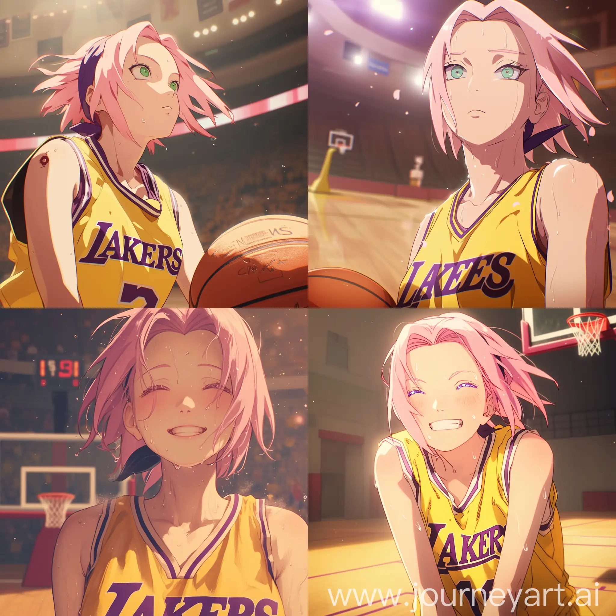 Sakura-Haruno-Playing-Basketball-in-Lakers-Uniform-on-the-Court