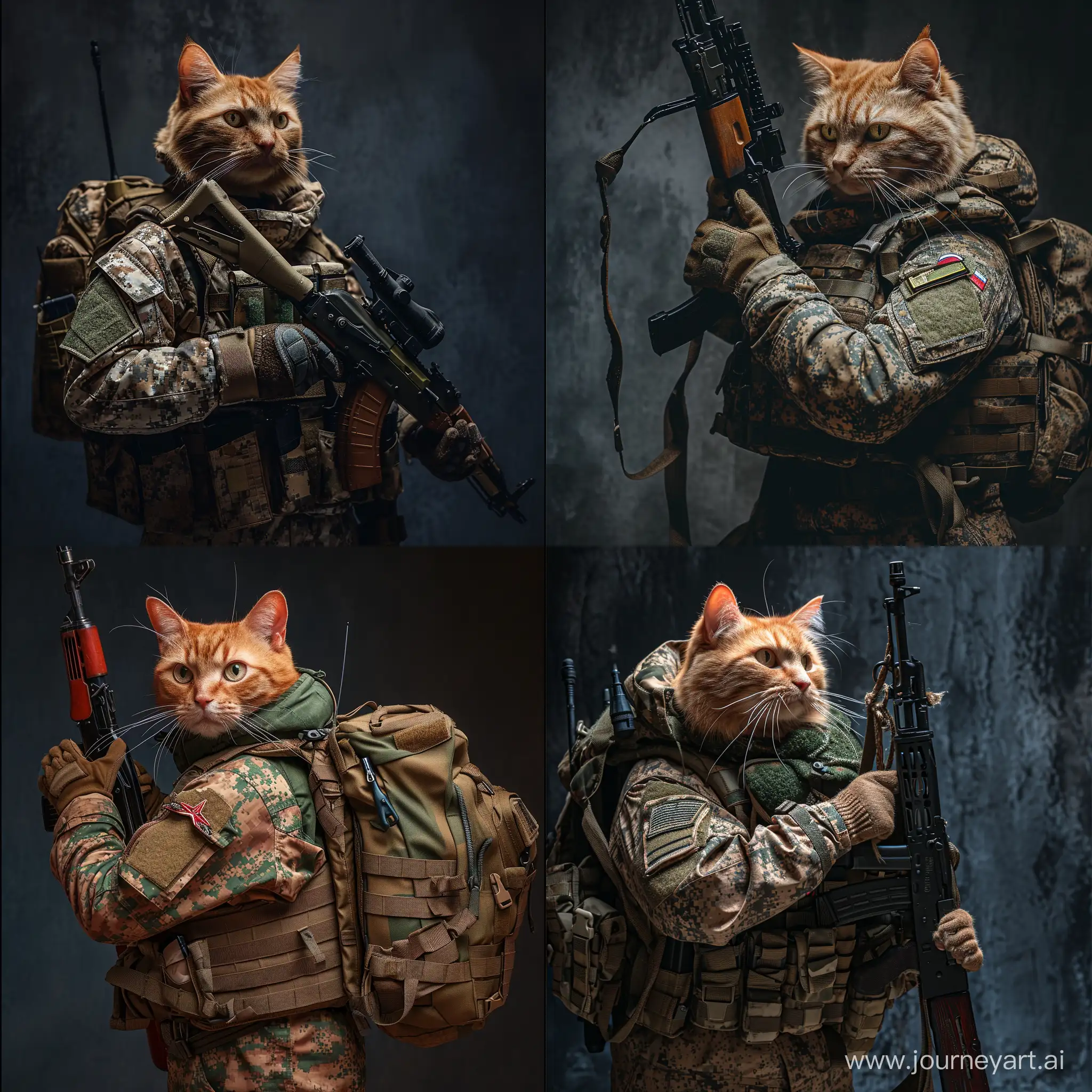 Рыжий кот-язычник воин в форме мультикам Вооружëнных Сил Российской Федерации с АК-74М в обвесе