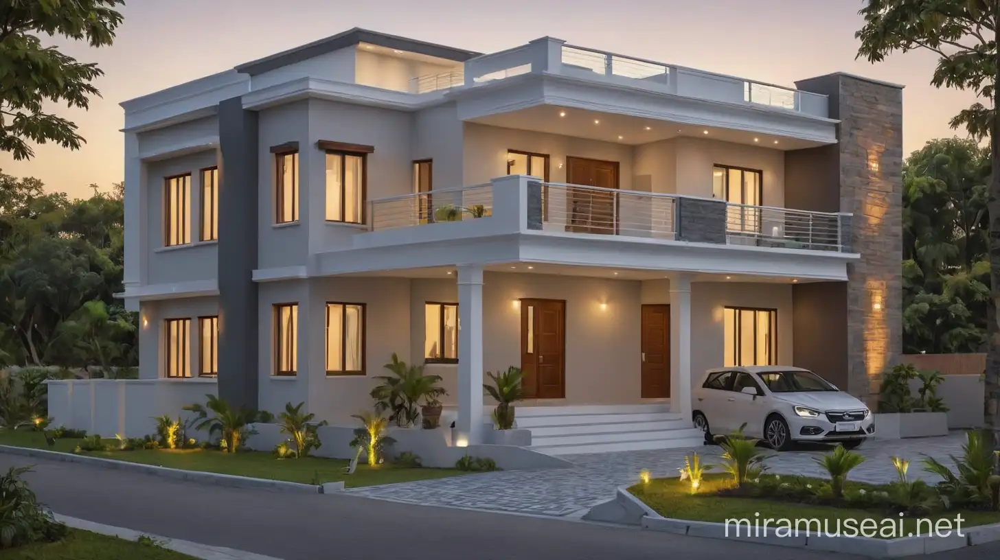 BEST HOUSE TWO FLOOR SMALL FRONT DESIGN IN BUDGET WITH FLAT ROOF. WITH LIGHTING WOODEN DESIGN.