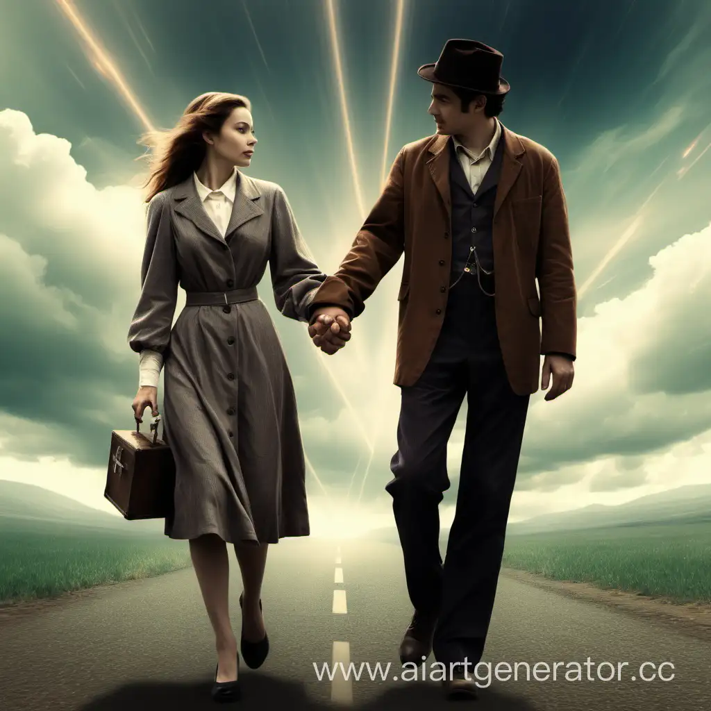 Мужчина и женщина путешествуют во времени держась за руки 