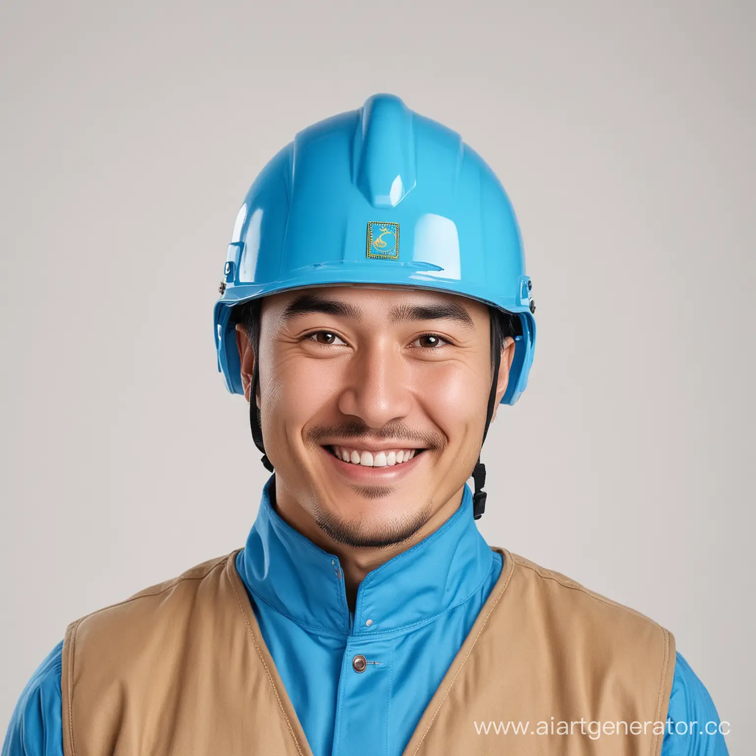 Человек должен выглядеть след. образом, Казахской национальности, в строительной форме, с каской синего цвета на голове.

1 фотография - Он  приветственно улыбается, на белом фоне

