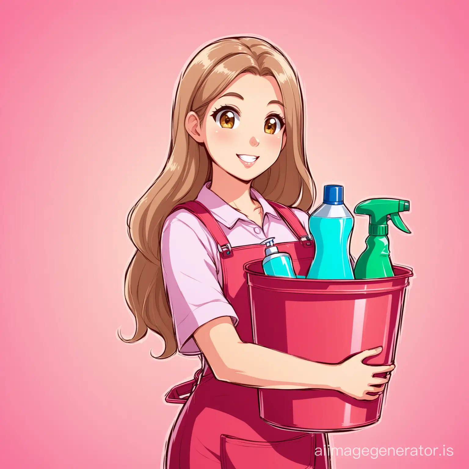Woman cleaner holding a bucket with cleaning products inside cartoon long light brown hair with a pink back ground