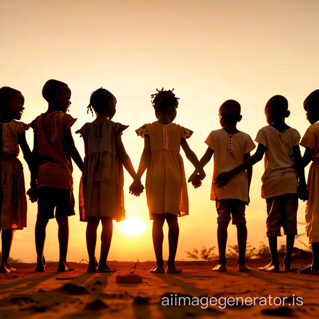 A moving image of the children of Logbessou holding hands in a circle, with a setting sun in the background, symbolizing the happy ending of their inspiring story.