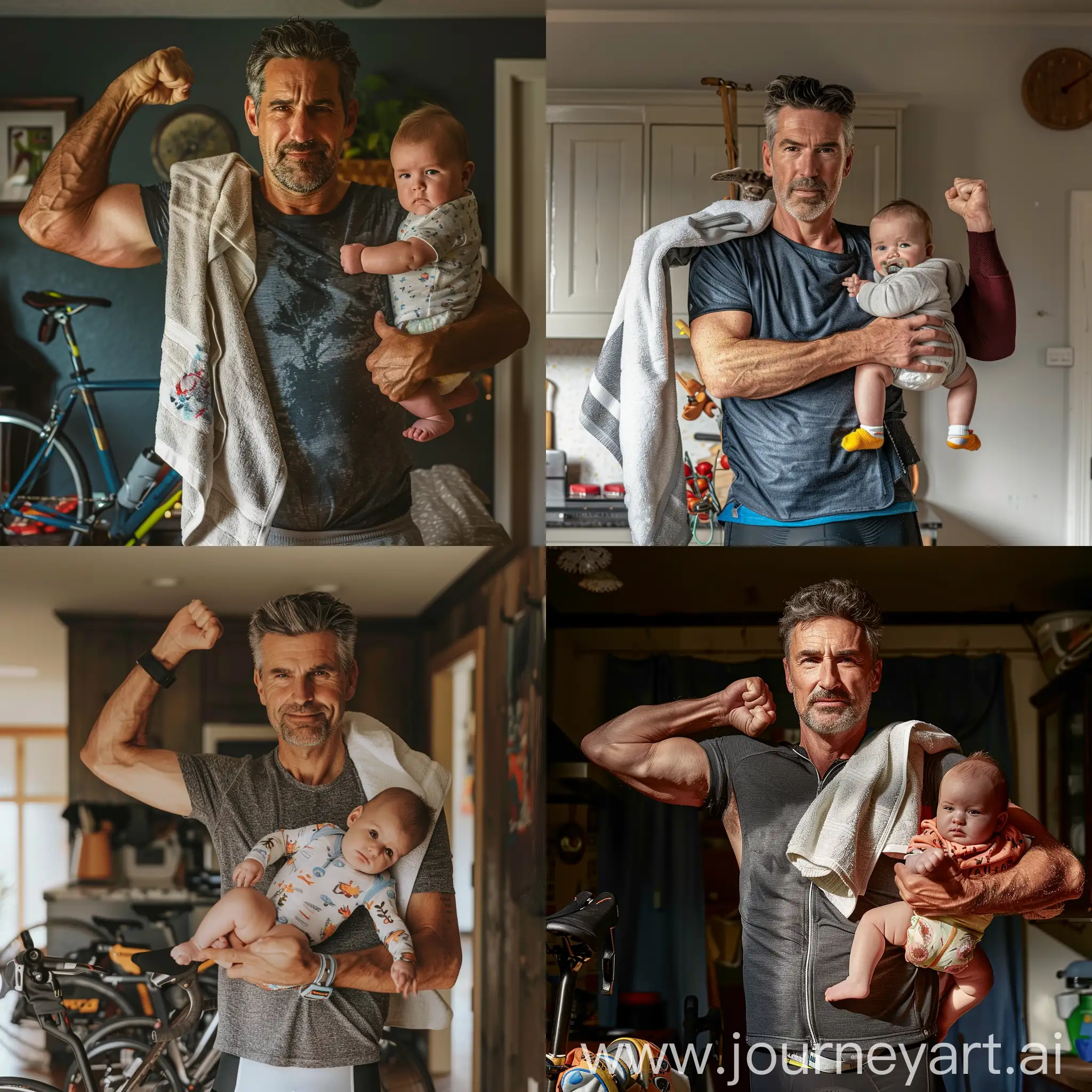 A middle aged father with a kitchen towel on his shoulder. He also has one pant leg rolled up because he just got home from cycling. He is flexing one arm holding a baby with it