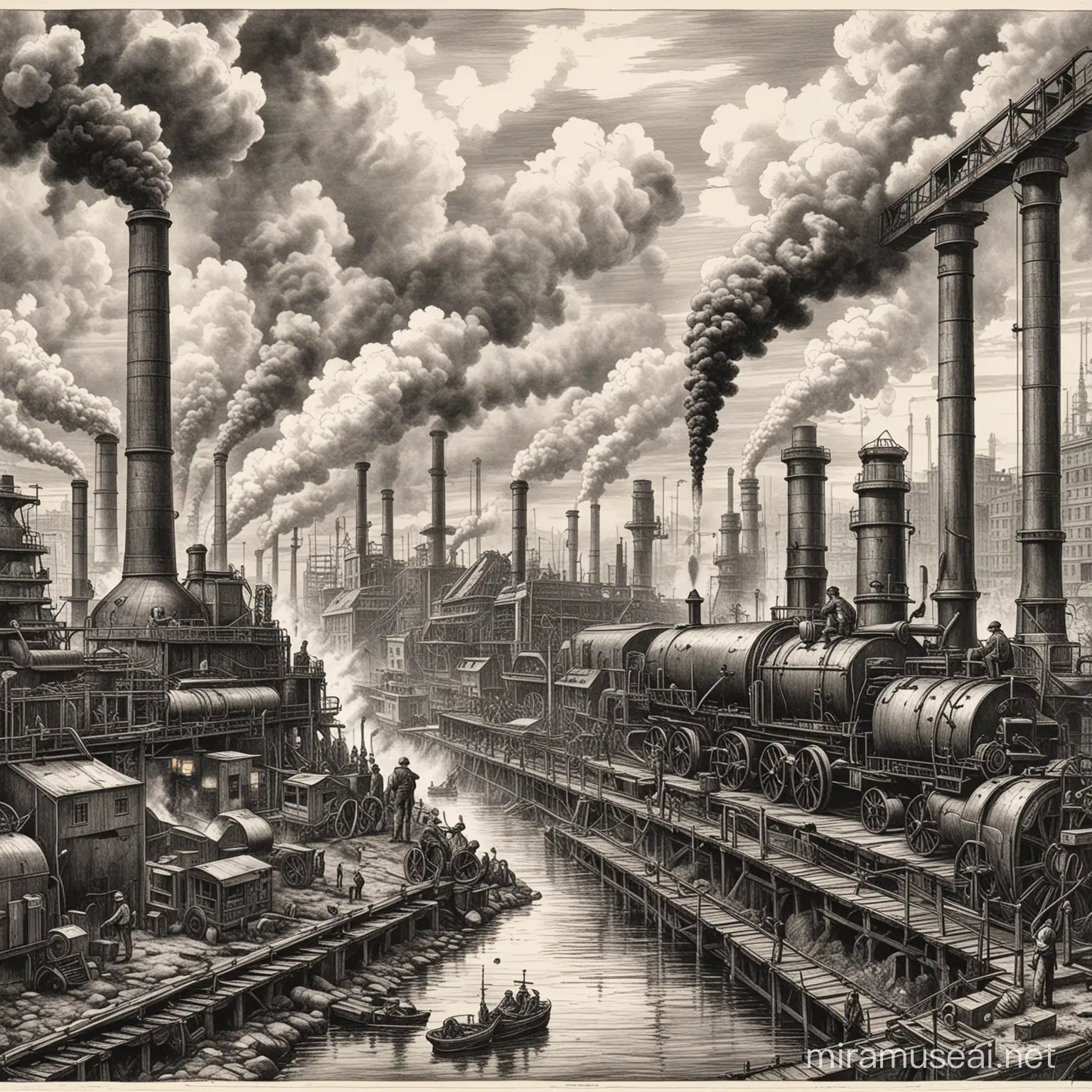 Industrial Revolution Ink Drawing Depiction of Eras Mechanical Marvels