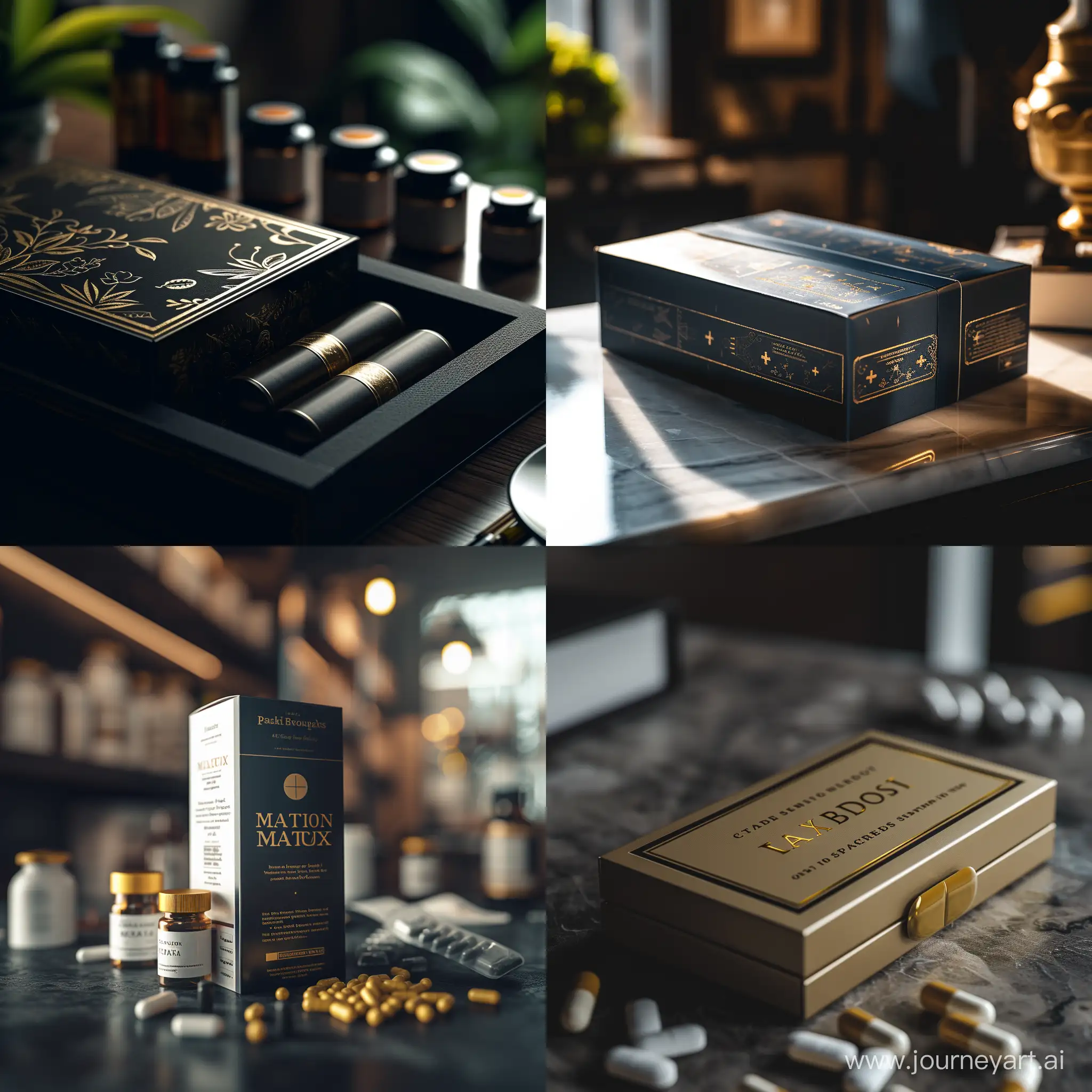 a big luxury box photoshoot which contains pharmesy information, this package is suitable for medicine and used for packaging medicine,  in pharmesy location, focus on packaging, whit cinamatic light, detailed, 4k,