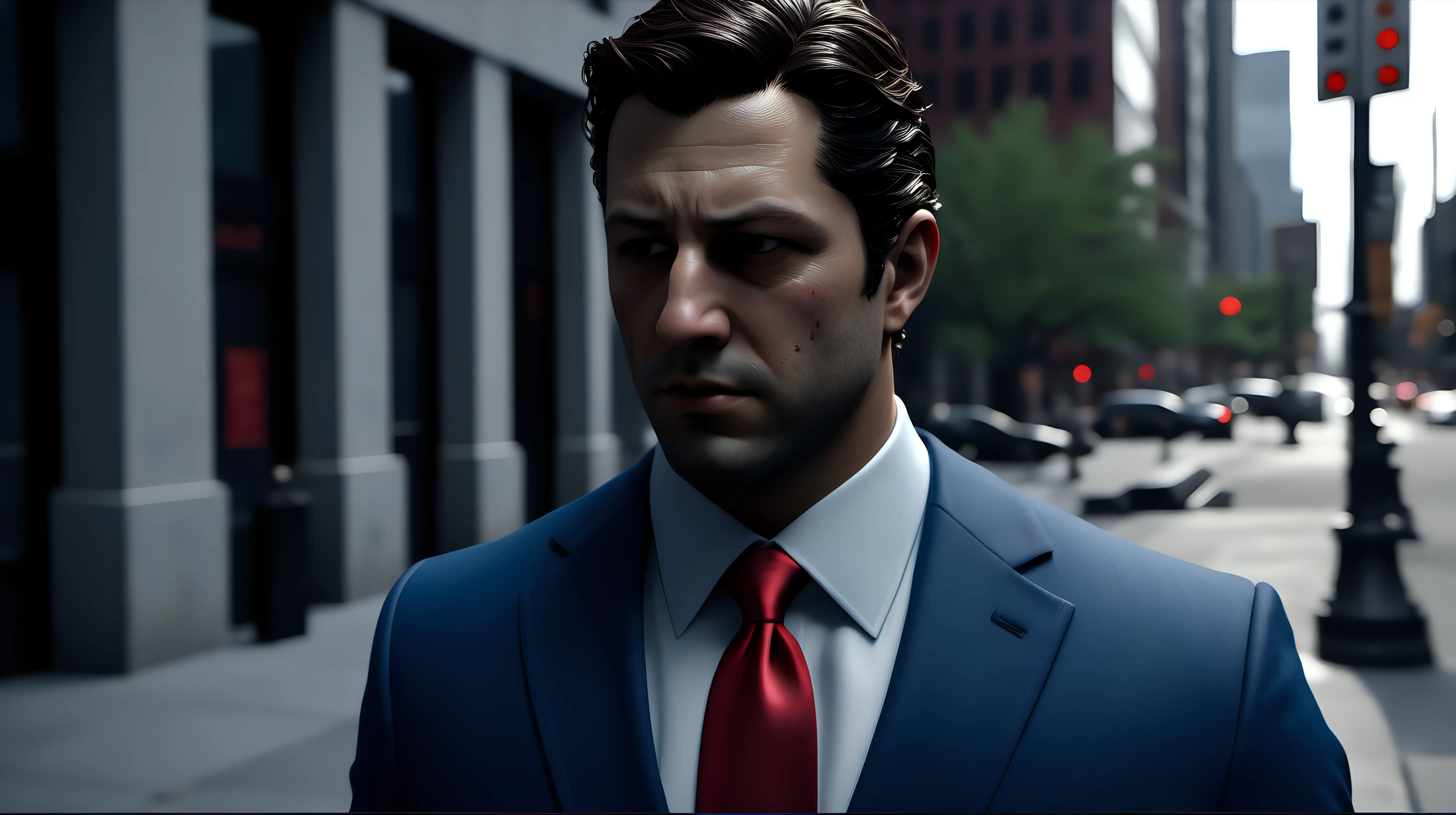 /imagine prompt: Realistic, Cinematic, personality: [Zoom in on Jason, a successful businessman. He is dressed in a sharp, tailored blue suit with a red tie, walking with determination down the sidewalk. His face is tense as he engages in a heated conversation on his sleek phone.] unreal engine, hyper real --q 2 --v 5.2 --ar 16:9
