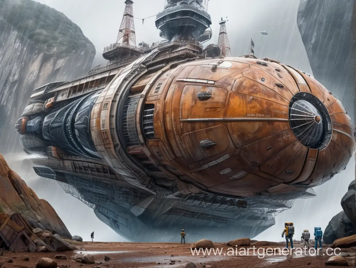 Enormous-Spaceship-Among-Rusty-Rocks-Realistic-Top-View-of-Massive-Metal-Structure