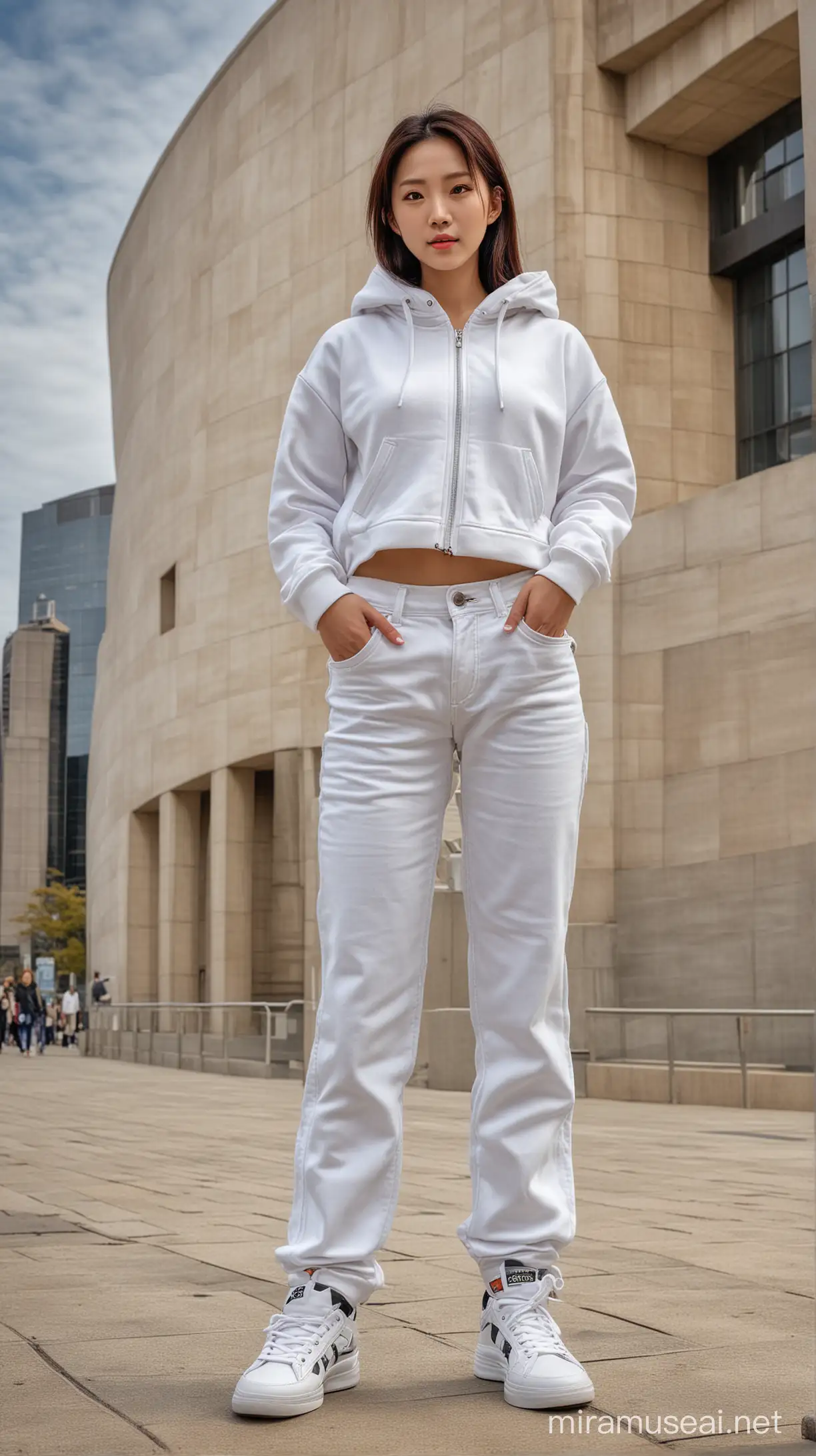 Stylish Korean Woman in White Hoodie and Jeans at Sydney Opera House