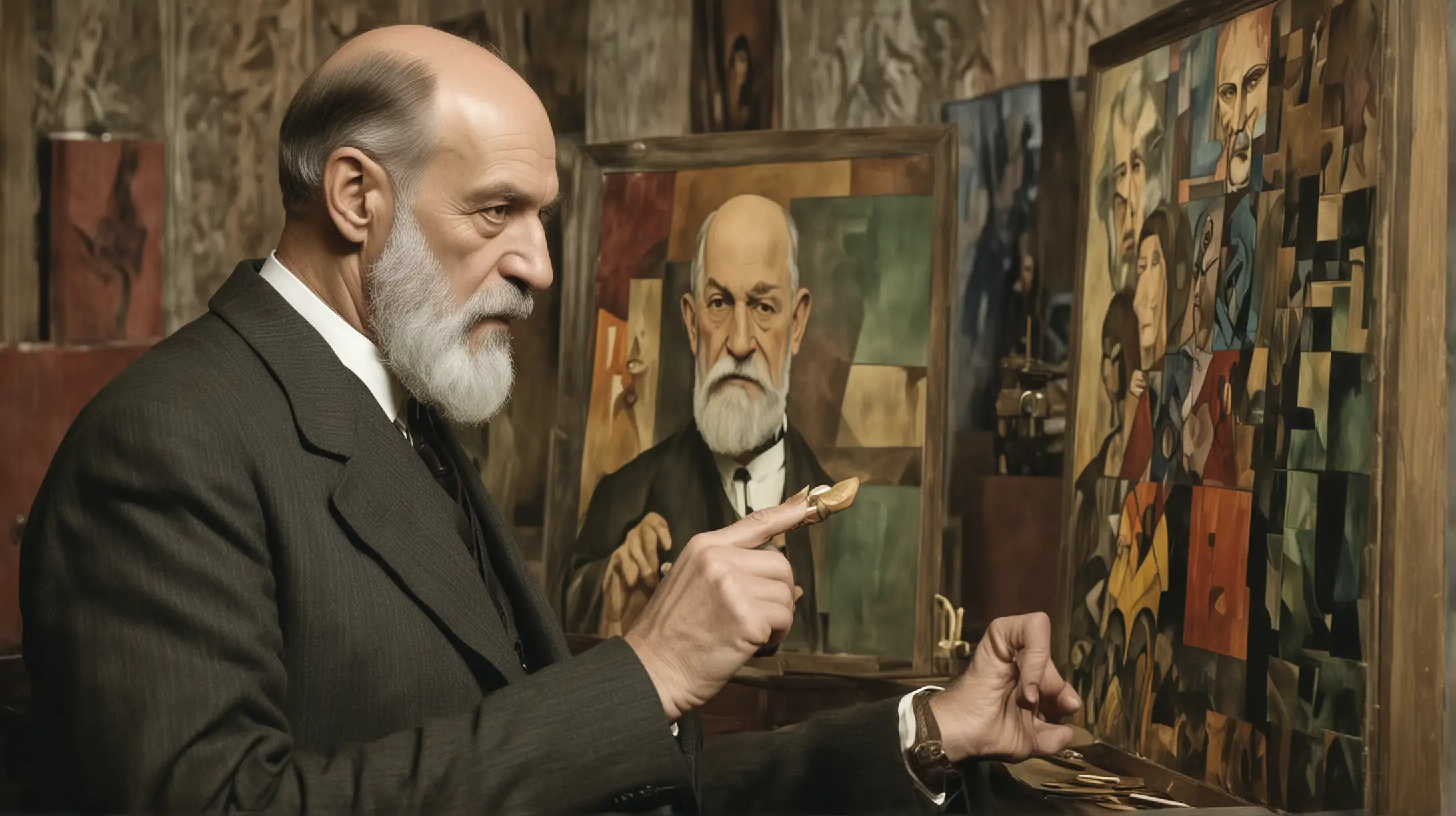 Year 1917. Sigmund Freud rSigmund Freud looks at a painting cubist. Styled like an old hand-colored silent film.