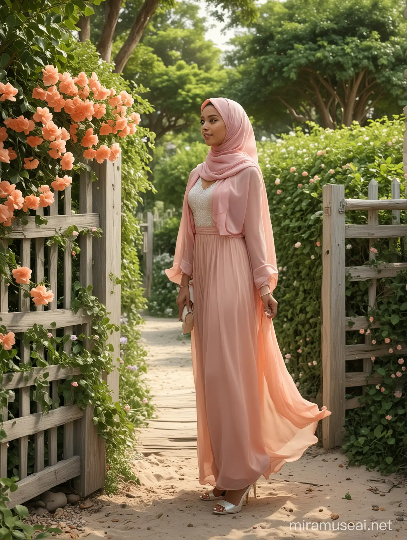 Produce a very realistic, 3D, HDR, tele lens view, generate a side view of a beautiful Malay female, wear bright peach shawl hijab, wearing a lavender chiffon layered dress, white clutch evening bag, white heels, walking through a wooden gate into a private beach, with ivy, tall flowers, green trees, muted tones