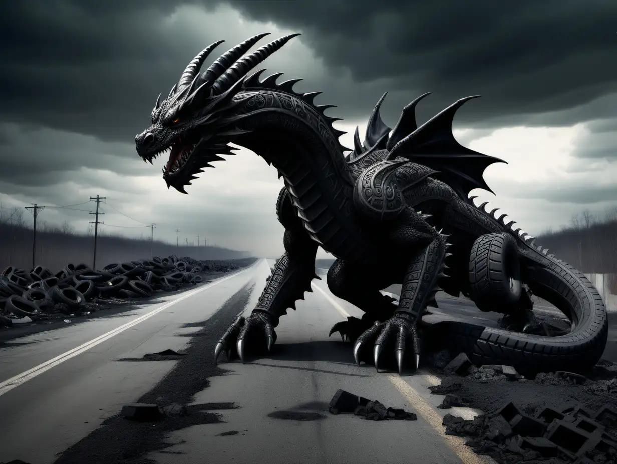 PostApocalyptic Dragon Sculpture Tire Tread Beast on Abandoned Highway