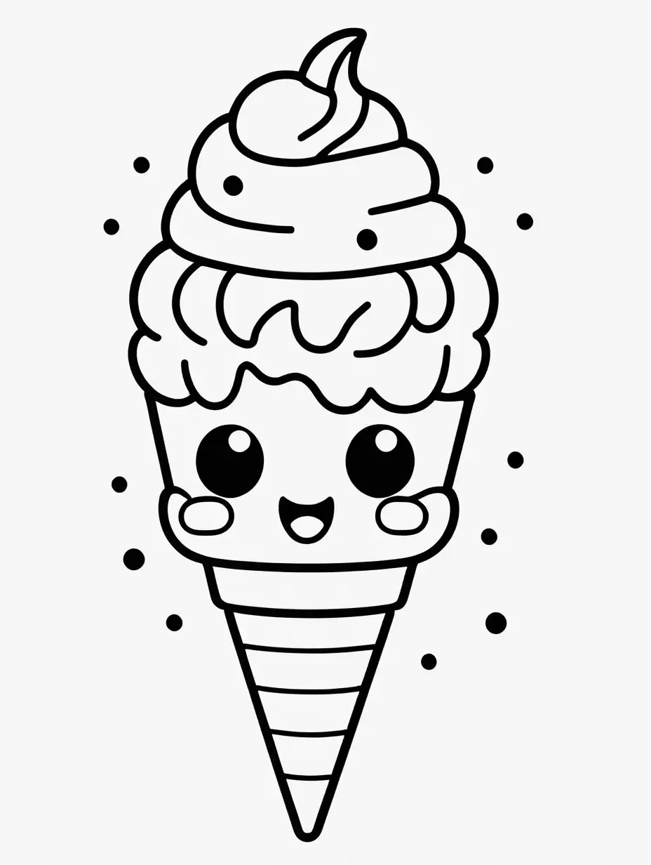 coloring book, cartoon drawing, clean black and white, single line, white background, large cute ice cream, emoji