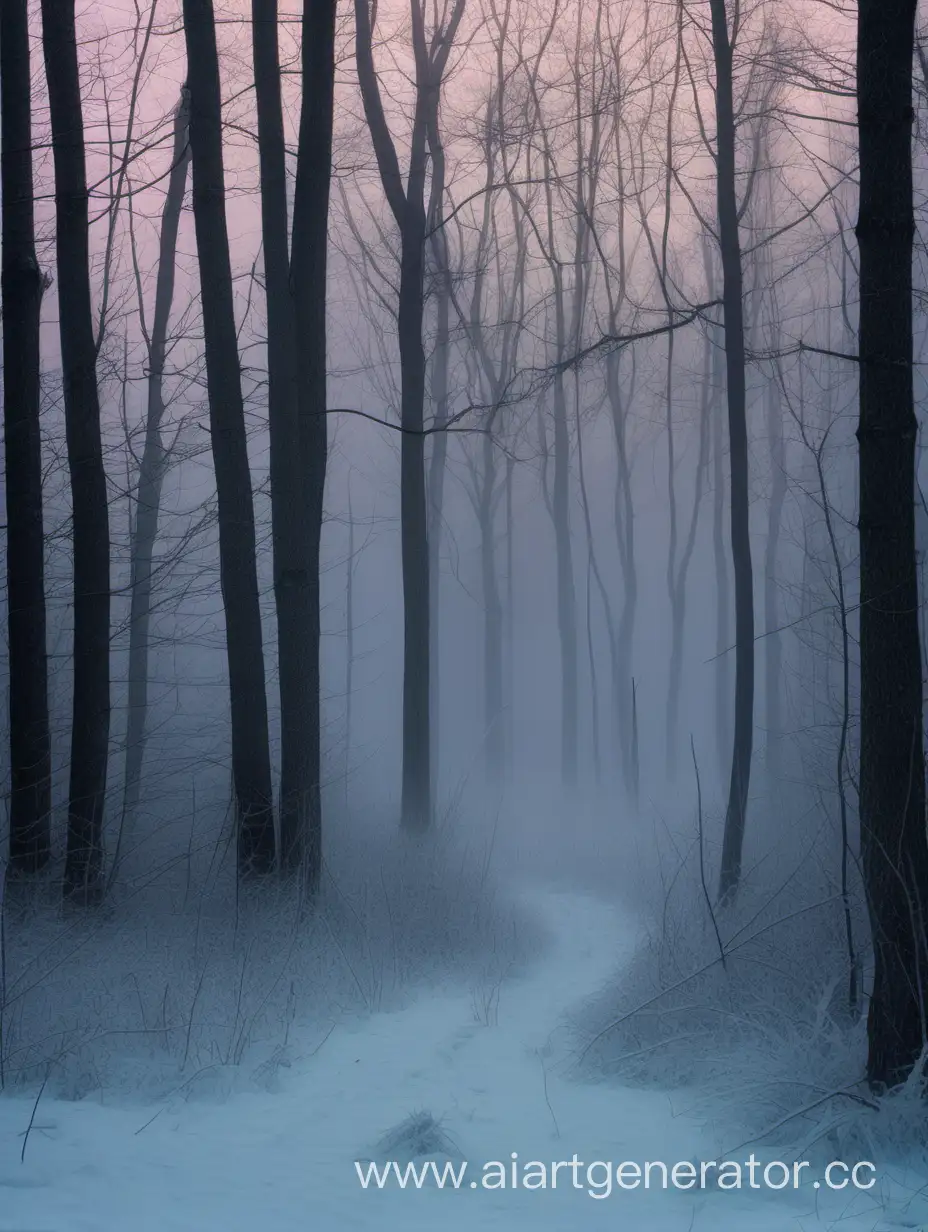 зимний сумеречный лес, туман
