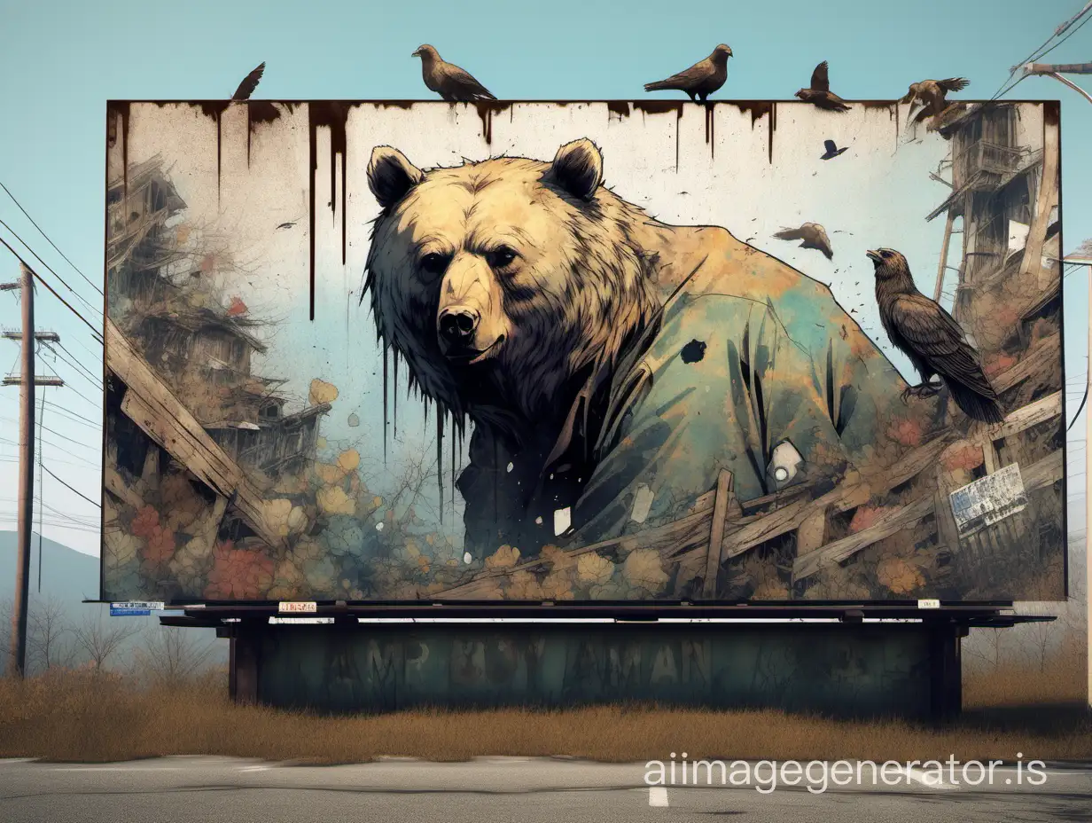 Tattered billboard with decay and many tears. a realistic woman figure and an anime bear. some mythological birds. colors used of a landscape.