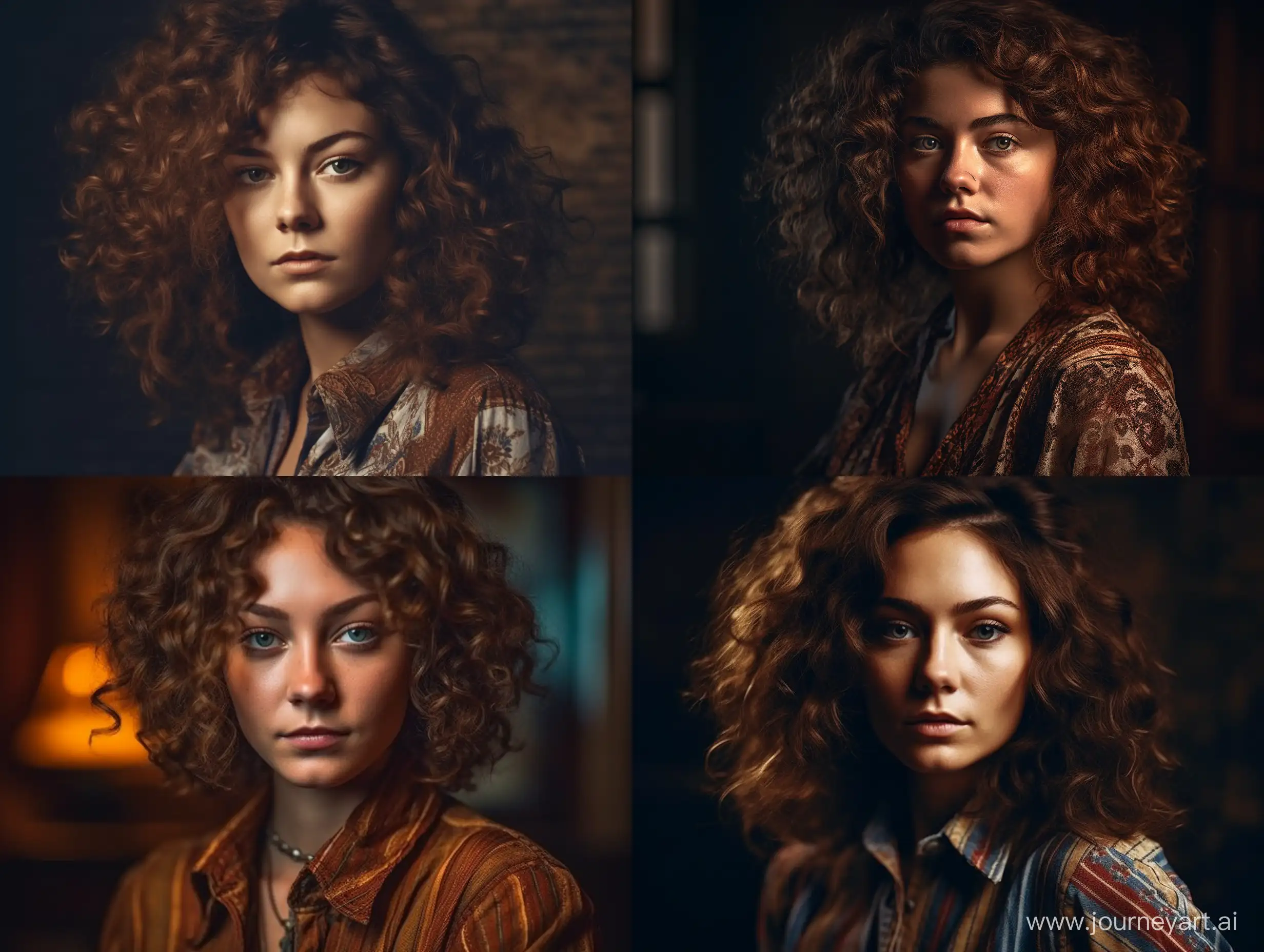 

/imagine prompt: A photorealistic photo that captures the essence of a woman from the 70s with curly hair and a beautiful face. The atmosphere is antique and nostalgic, with the lighting emphasizing the details of the woman's face and hair. The image has a vintage quality, reminiscent of classic fashion photography. The woman is shown in a close-up, with a confident expression on her face as she looks straight ahead. Her curly hair frames her face, adding to the beauty of the image. The background is slightly blurred, emphasizing the focus on the woman and her features. The composition is simple, with the focus on the woman and her captivating presence. The image is highly detailed, with intricate details in the woman's eyes, lips, and hair. The image has an antique quality, with a warm, sepia tone that adds to the vintage feel of the photo. It's a perfect fit for those who appreciate the beauty of classic photography. --ar 4:3 --s 800 --v 5 --q 2