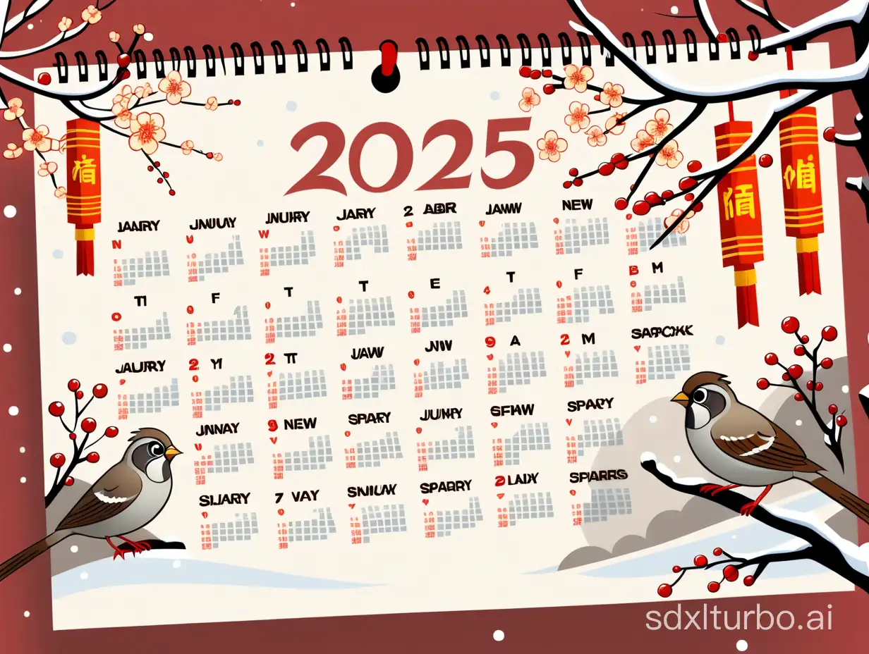 Draw a calendar for January 2025, including New Year's Day, Laba Festival, Chinese New Year's Eve and Spring Festival, with snow days, plum blossoms, sparrows pecking and firecrackers, and snowflakes in font